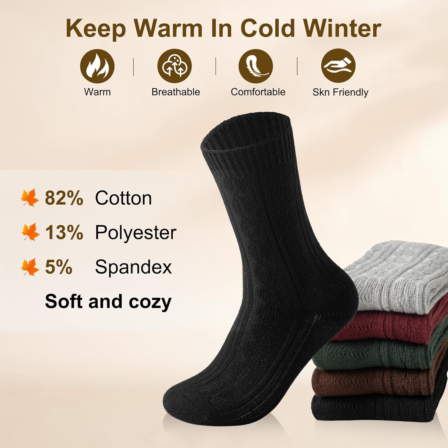 Caudblor 5Pack Winter Cotton Crew Sock For Women，Size 5-10(36-40) - Image 2