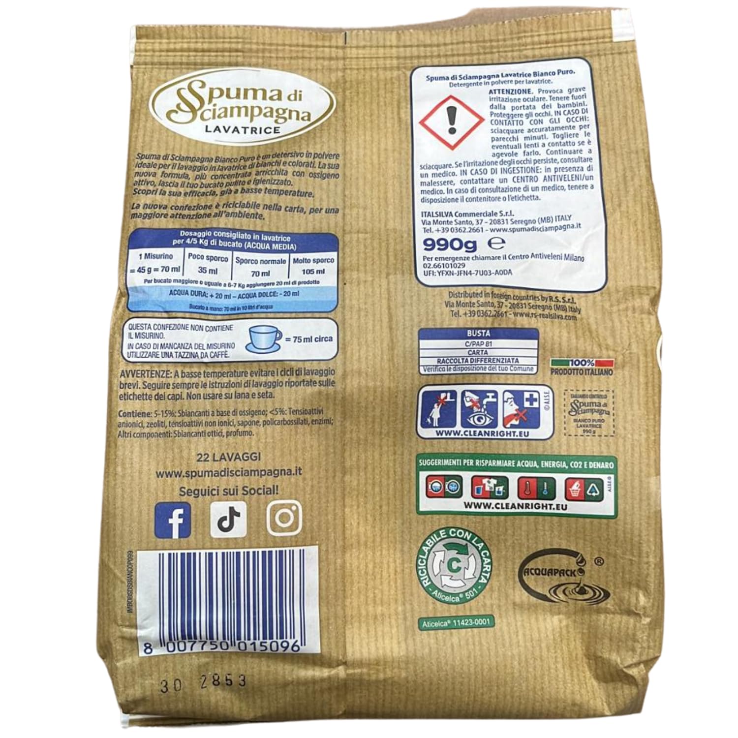 Detersivo in Polvere Bianco Puro Igienizzante – Spuma di Sciampagna – 22 Lavaggi – 990g kit con Spugna Brandizzata SPESA & RISPARMIO Inclusa – Variazioni 4/8/12 Pezzi (12)