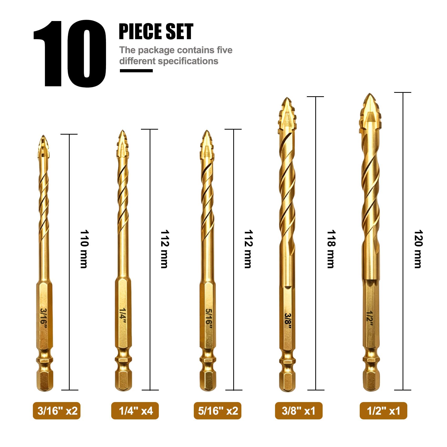 FEWELL Juego de 10 brocas para mampostería, brocas de carburo dentado para hormigón, vidrio, ladrillo, cemento, azulejos, mármol, madera (3/40.6 cm-1/5.1 cm)