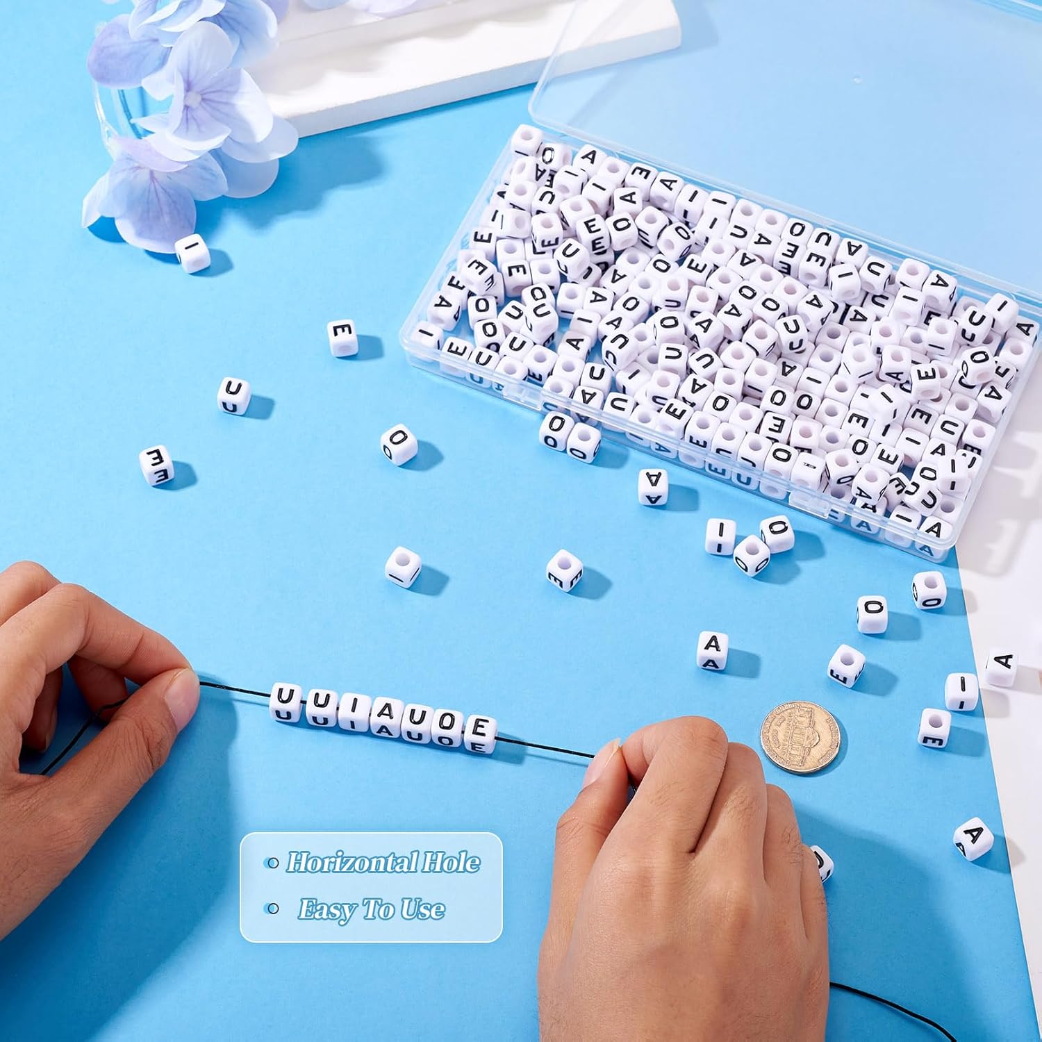 Cheriswelry 300Pcs White Cube Letter Alphabet Beads with Black Vowel Letter Acrylic Square Pony Bead Spacers Large Hole Loose Letter Beads 7-8mm for DIY Jewelry Making Bracelet Necklace Keychain - Image 6