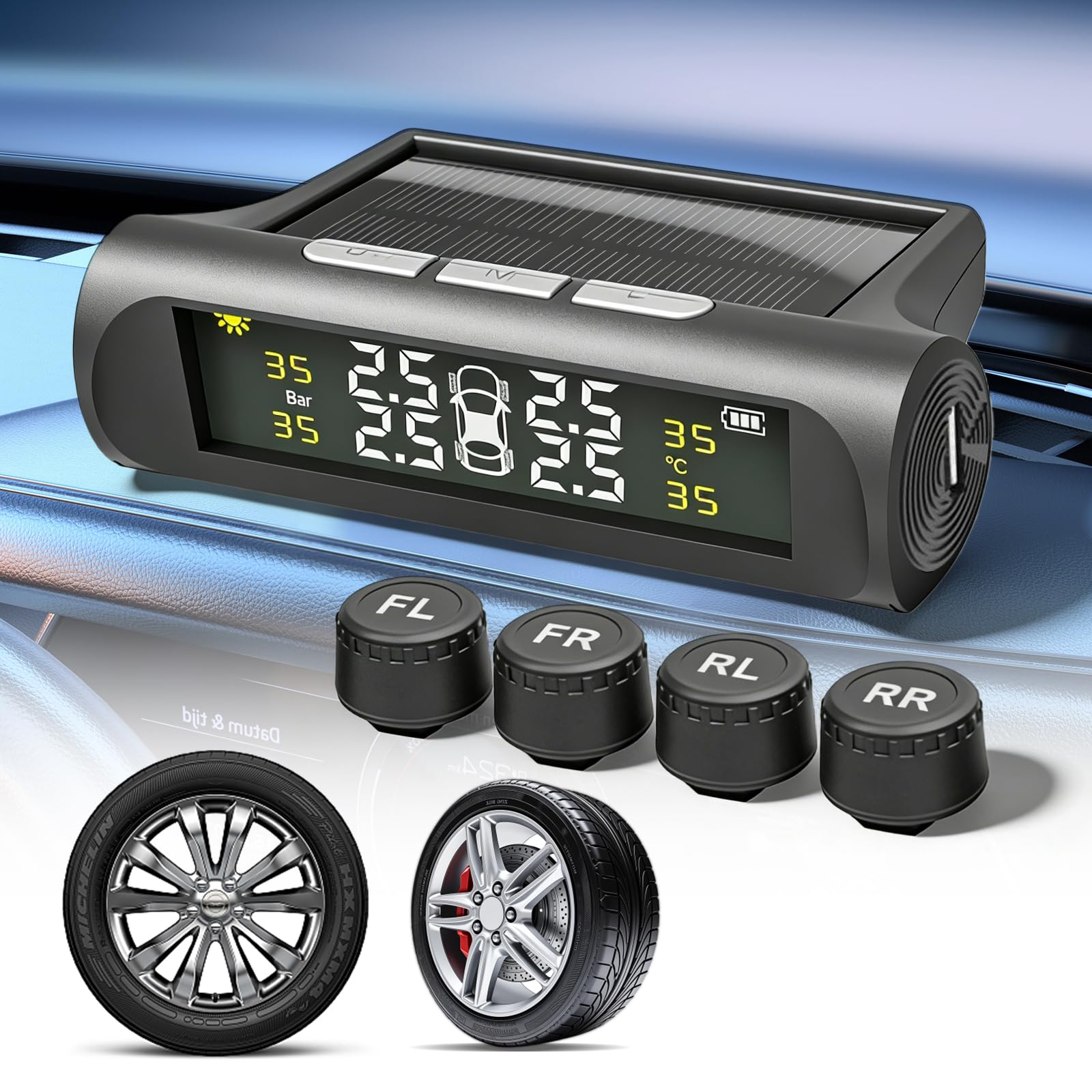 BAIFULAI Sistema di controllo della pressione degli pneumatici TPMS: IPX7 impermeabile sistema di controllo della pressione degli pneumatici con 4 sensori esterni, digitale a energia solare, mini