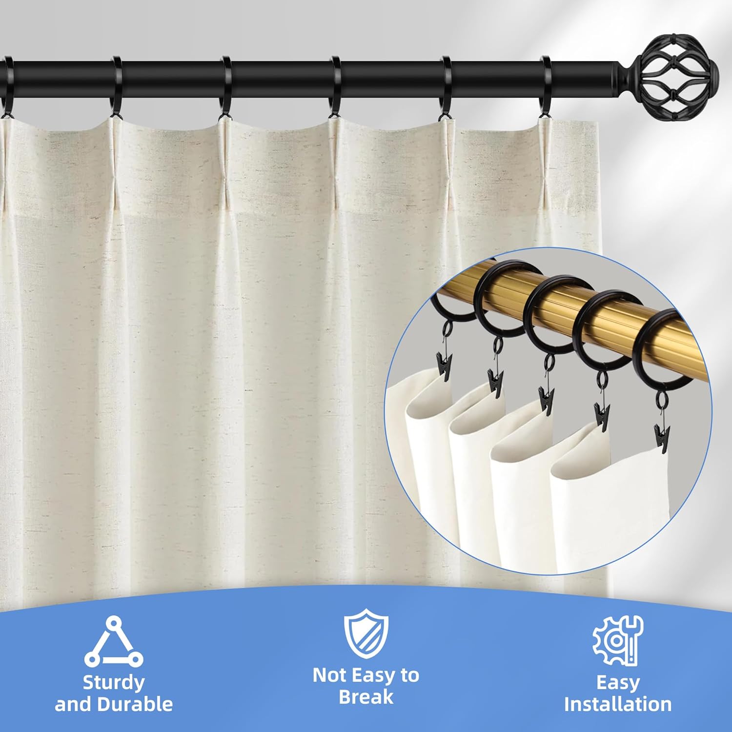 1.25 inch Curtain Rings 40 Pack Black - Small Hole Eyelets for 1.25” Rods, Rust-Resistant Iron, Quiet Glide Modern Design