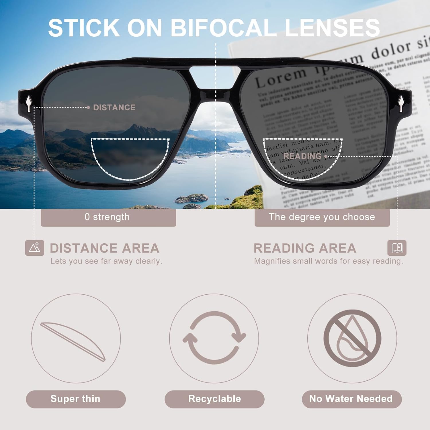 Stick-on Bifocal Readers for Sunglasses, No Water or Adhesive Needed, Reusable Reading Lenses for Glasses Goggles - Image 3