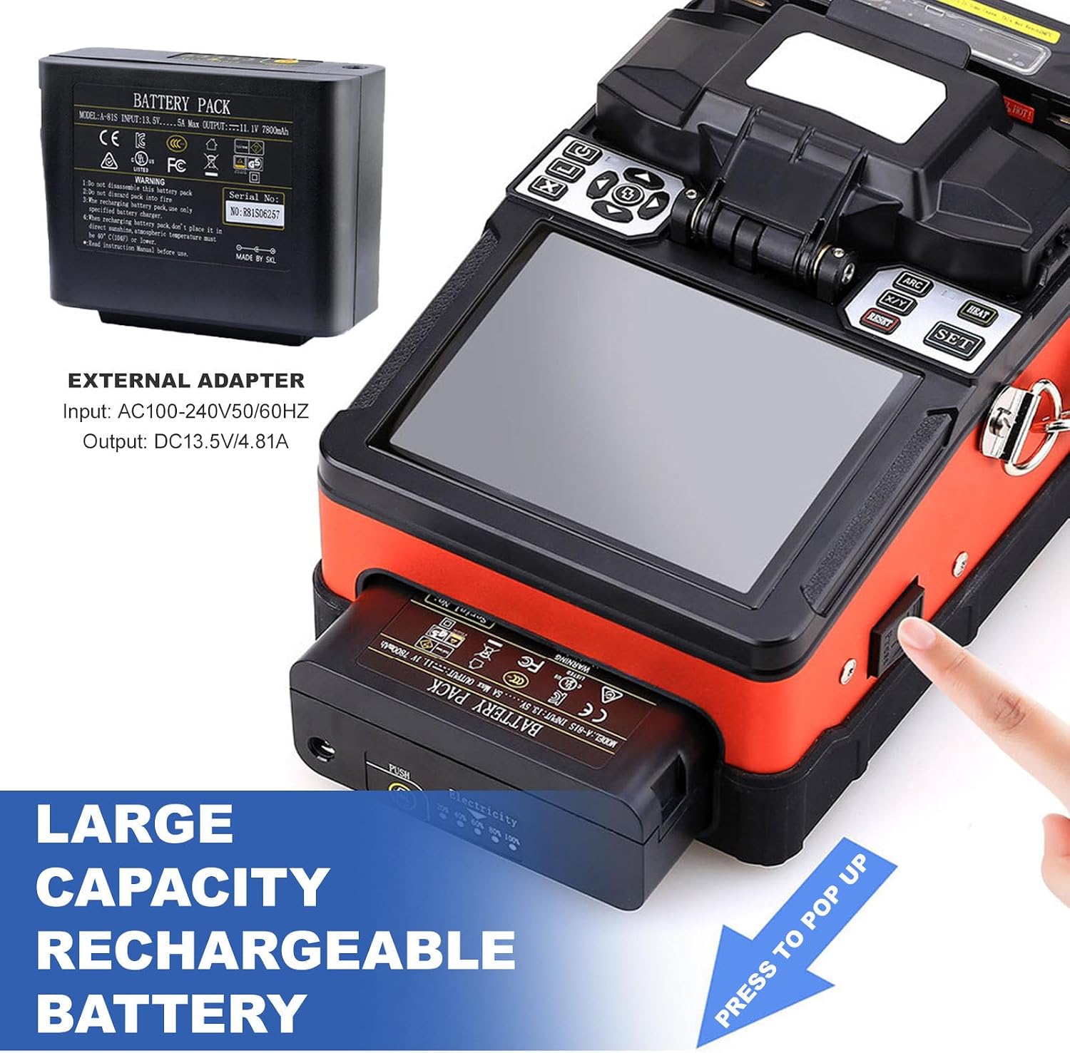 Close-up view of the fiber optic fusion splicer's splicing area with LED lighting and electrodes.