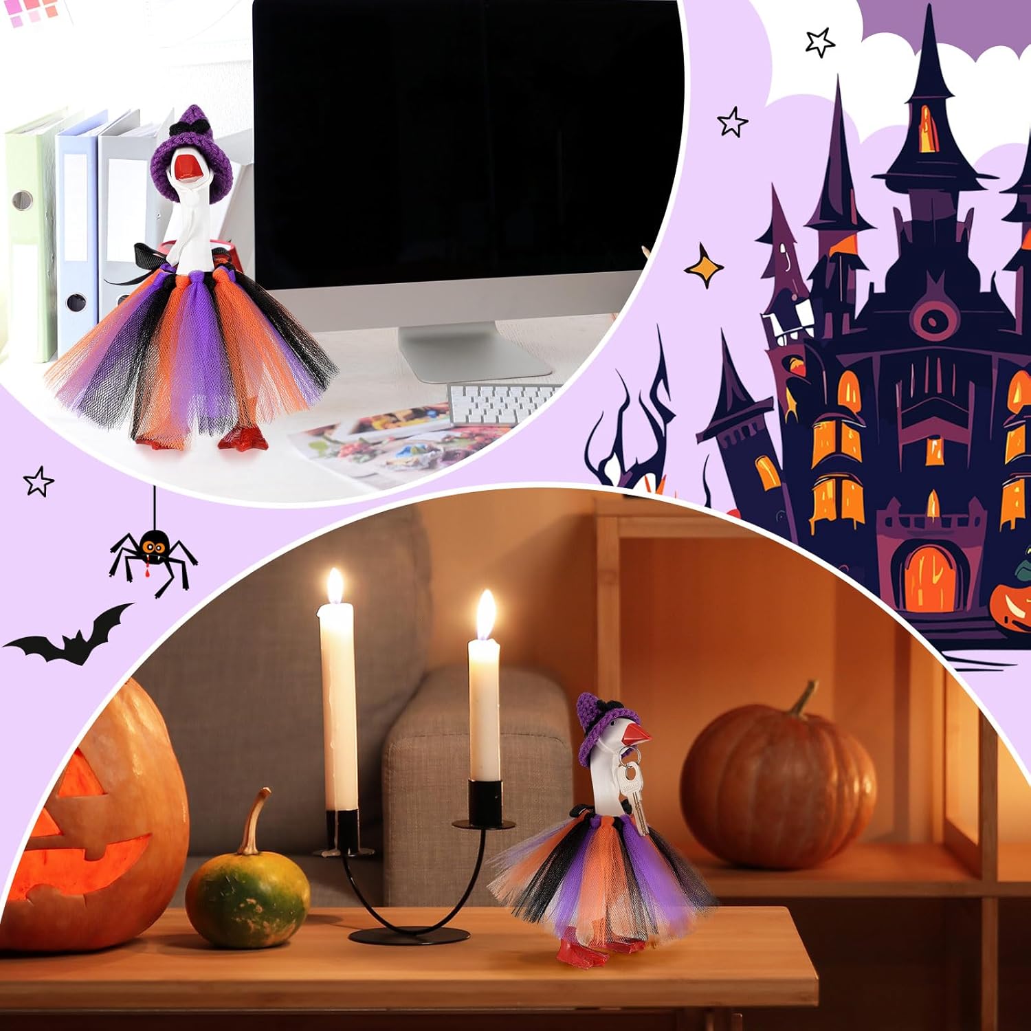 7 Inch Halloween Mini Desk Goose Outfits with Witch Hat shape Knitting Hat Halloween color Tutu Dress Mini Desk Goose Customs for Magnetic Statue Key Holder Decor