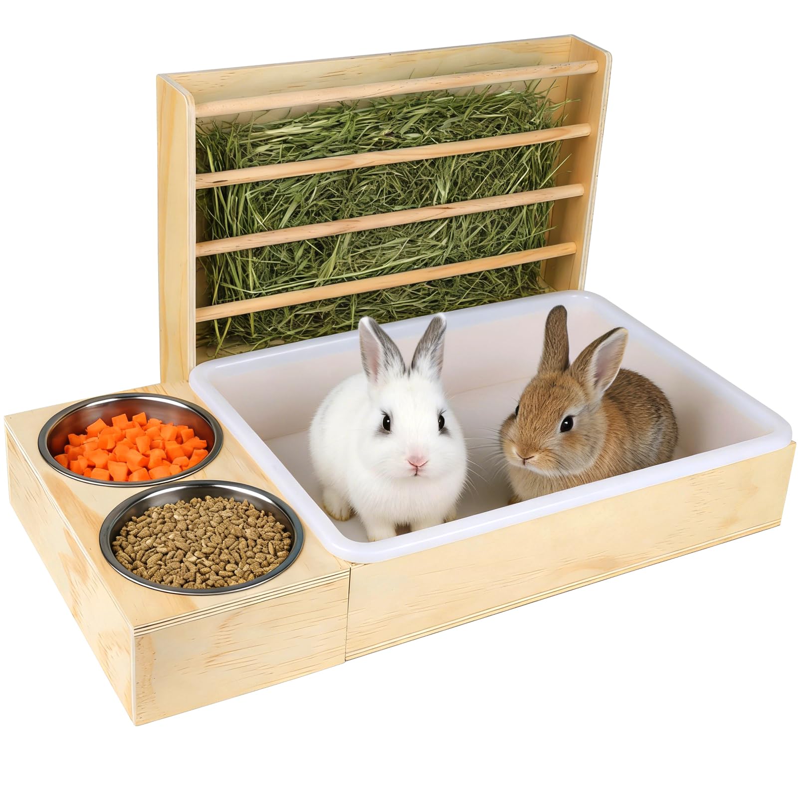 Mangeoire à foin 3 en 1 pour lapin avec bac à litière et bols - Station d'alimentation en bois avec support à foin - Distributeur de nourriture pour lapin - Pour cochon d'Inde, hamster, chinchilla et