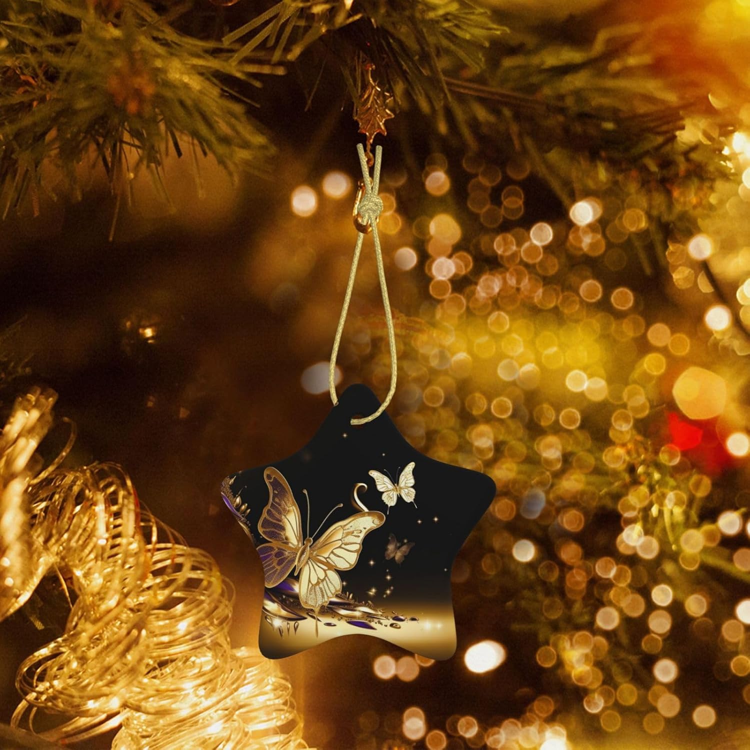 Christmas Ornaments Ceramic Star Shaped Christmas Hanging Ornament Double-Sided Gold Butterflies Print Christmas Tree Pendants for Xmas Tree Fireplace Party Holiday Wedding