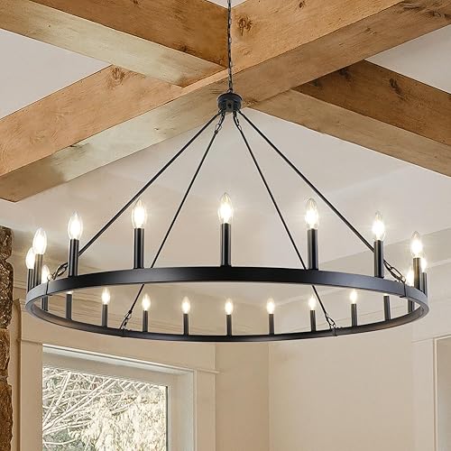 WBinDX Wagon Wheel Chandelier Diam 47 inch, 20-Light Large Black Farmhouse Chandelier Rustic Round Hanging Light Fixture, Industrial Country Ceiling Light for Living Room Foyer Entryway