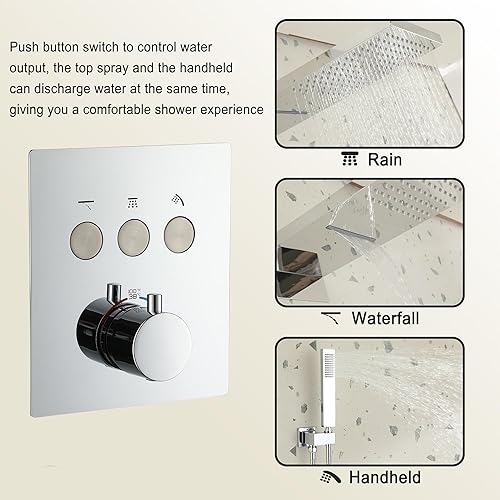 Miniatura 3 de CASAINC Cabezal de ducha de lluvia de 20 pulgadas con mano, sistema de ducha termostático montado en la pared, juego completo de grifos de ducha de