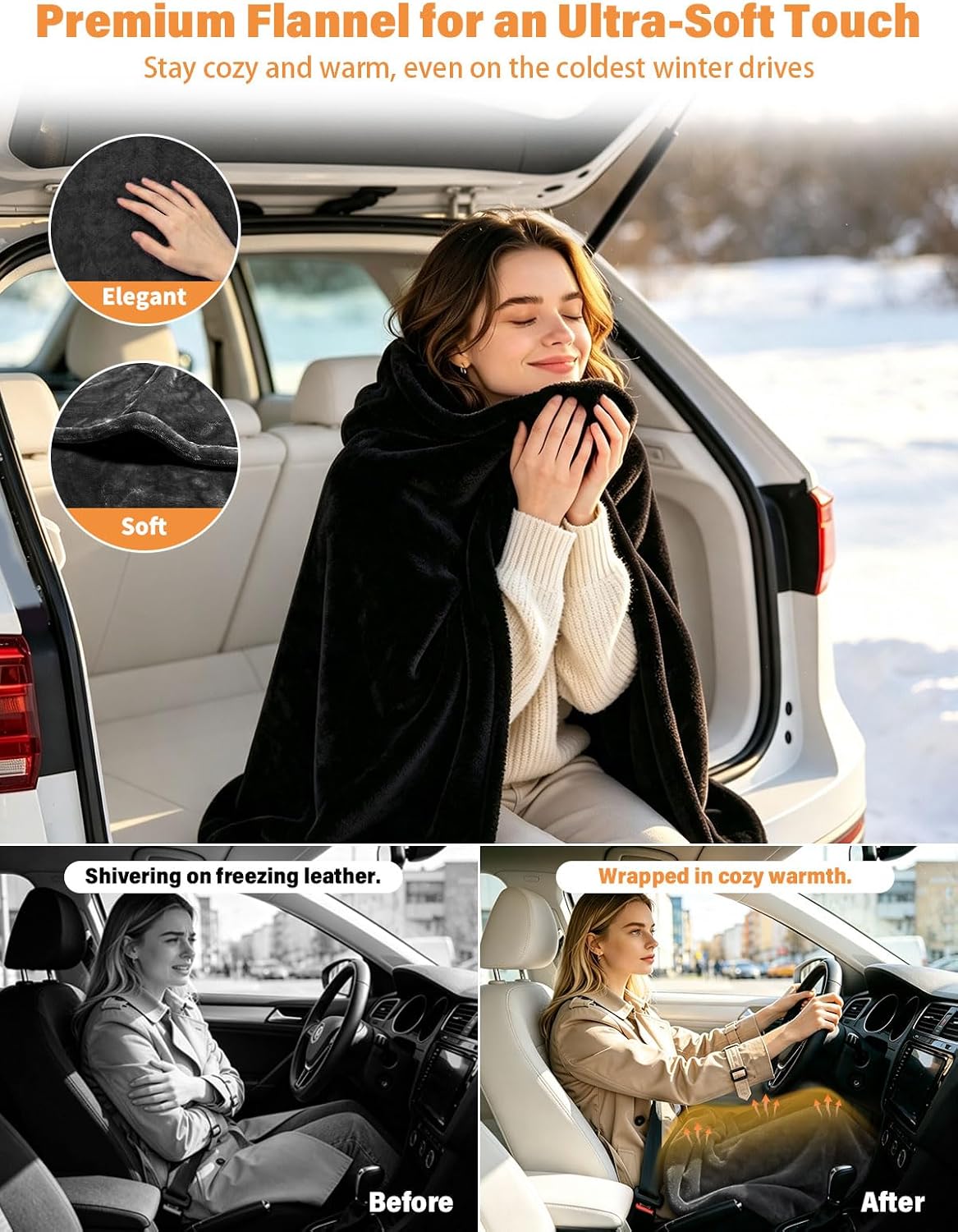WillingHeart 12V Car Heated Blanket Charcoal Black 59"x39"