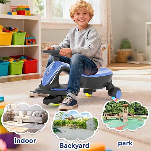 Vista 17 de Glaf Coche eléctrico Wiggle con pedal, batería recargable, juguete eléctrico para niños, auto eléctrico 2 en 1 con ruedas intermitentes antivuelco