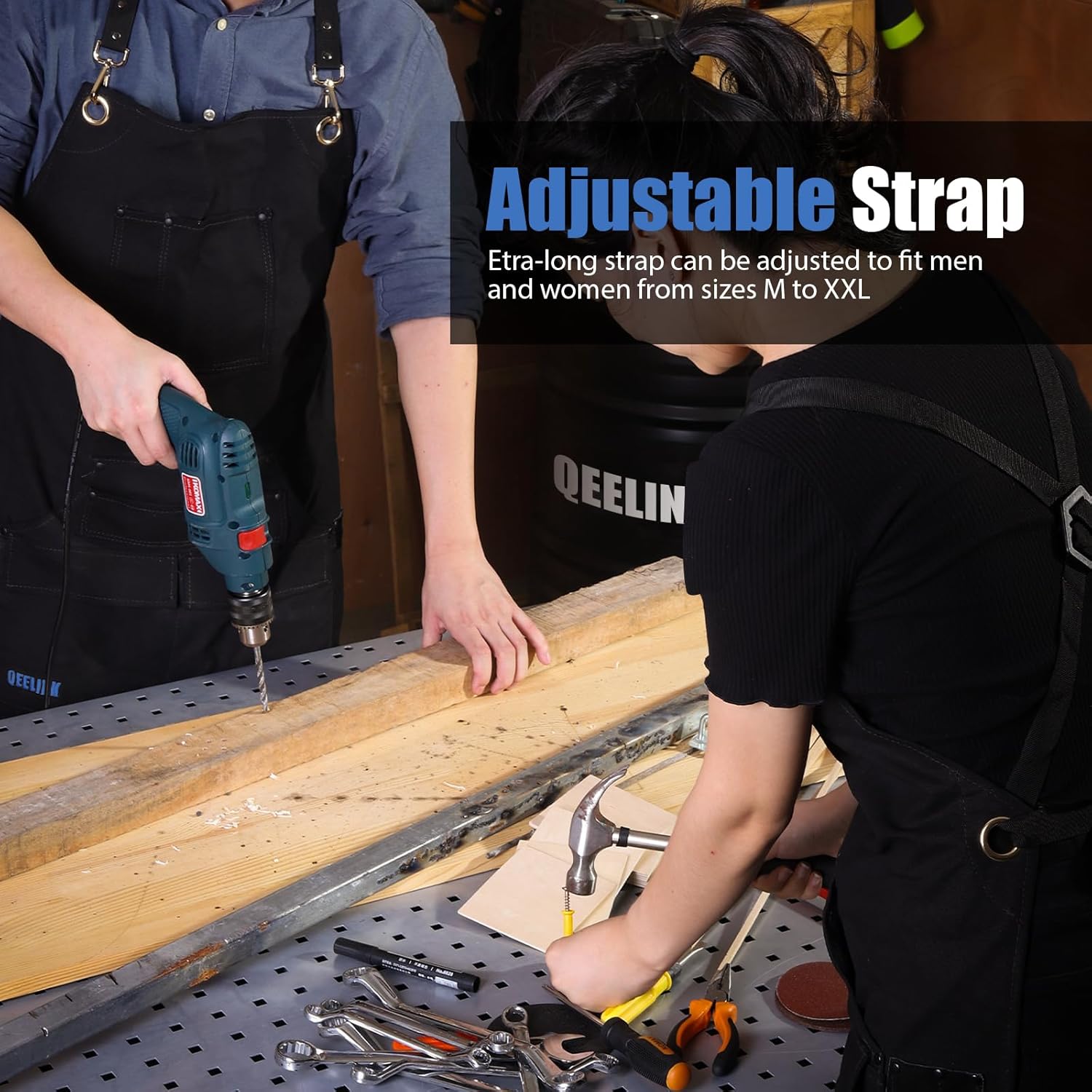 QeeLink Woodworking Shop Apron with 10 Pockets FR Waxed Canvas Work Apron - Flame Retardant - Adjustable M to XXXL for Men & Women, Black - Image 5