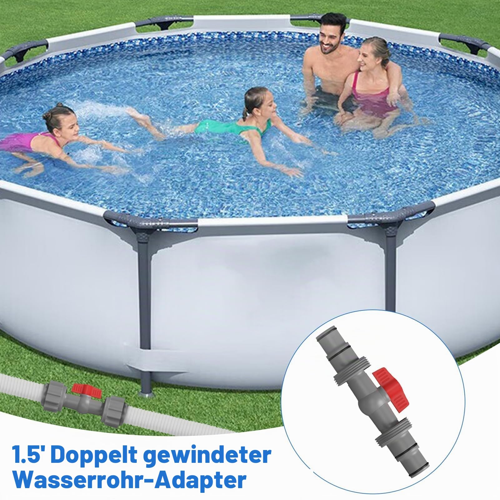 Pool Zubehör Schlauchverbinder, Pool Absperrhahn 32mm auf 38mm, Pool Schlauchadapter Absperrhahn Absperrventil Kugelhahn Ventile für Schlauch Ø 32/38mm für Oberirdische Pool (2, Gray)