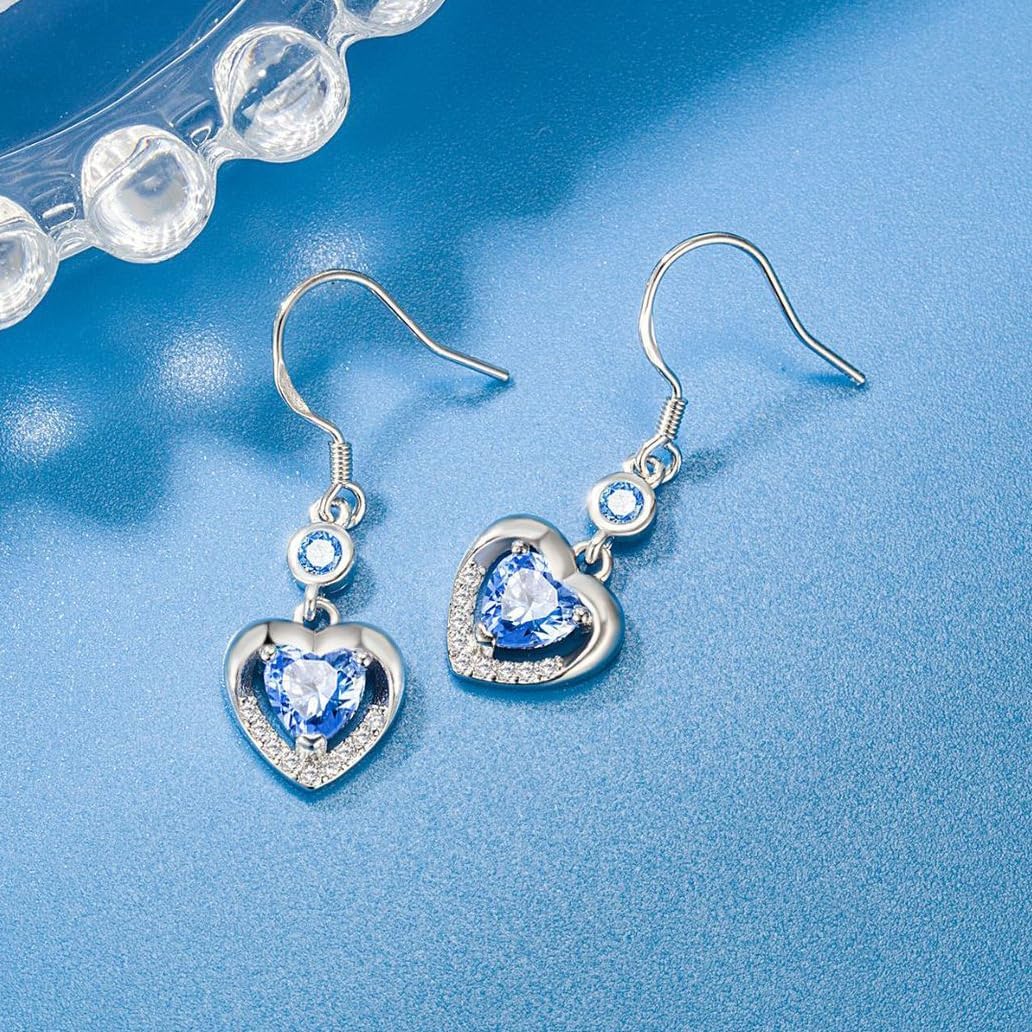 18K Gold Plated Blue Heart Dangle Earrings – Sparkling Crystal Drop Earrings with Hook Back, Elegant Romantic Statement Jewelry. - Image 2