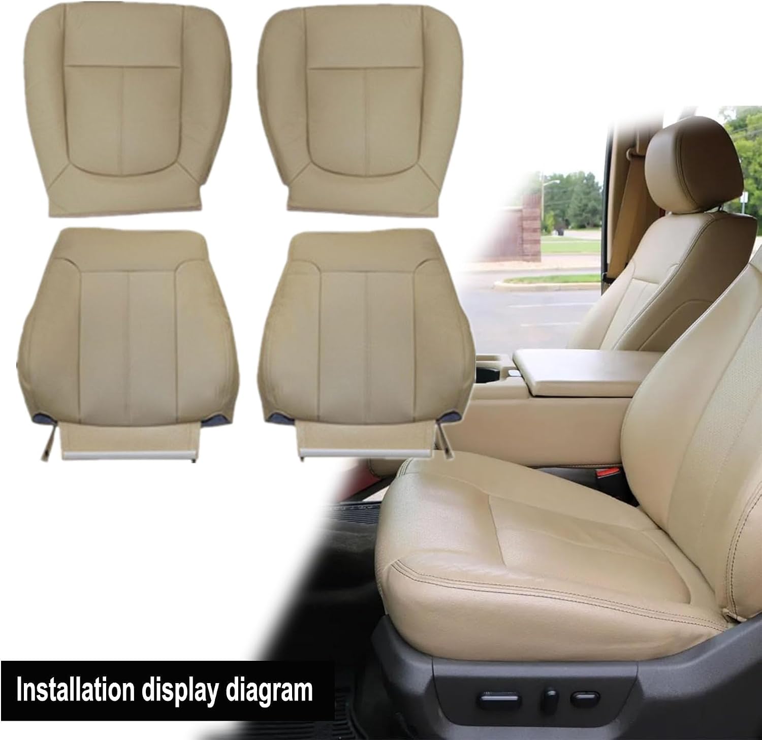 GXARTS Driver and Passenger Side Bottom & Top Lean Back Replacement Perforated Leather Seat Cover TAN Compatible with Ford F250 F350 F450 F550 2011 2012 2013 2014 2015 2016
