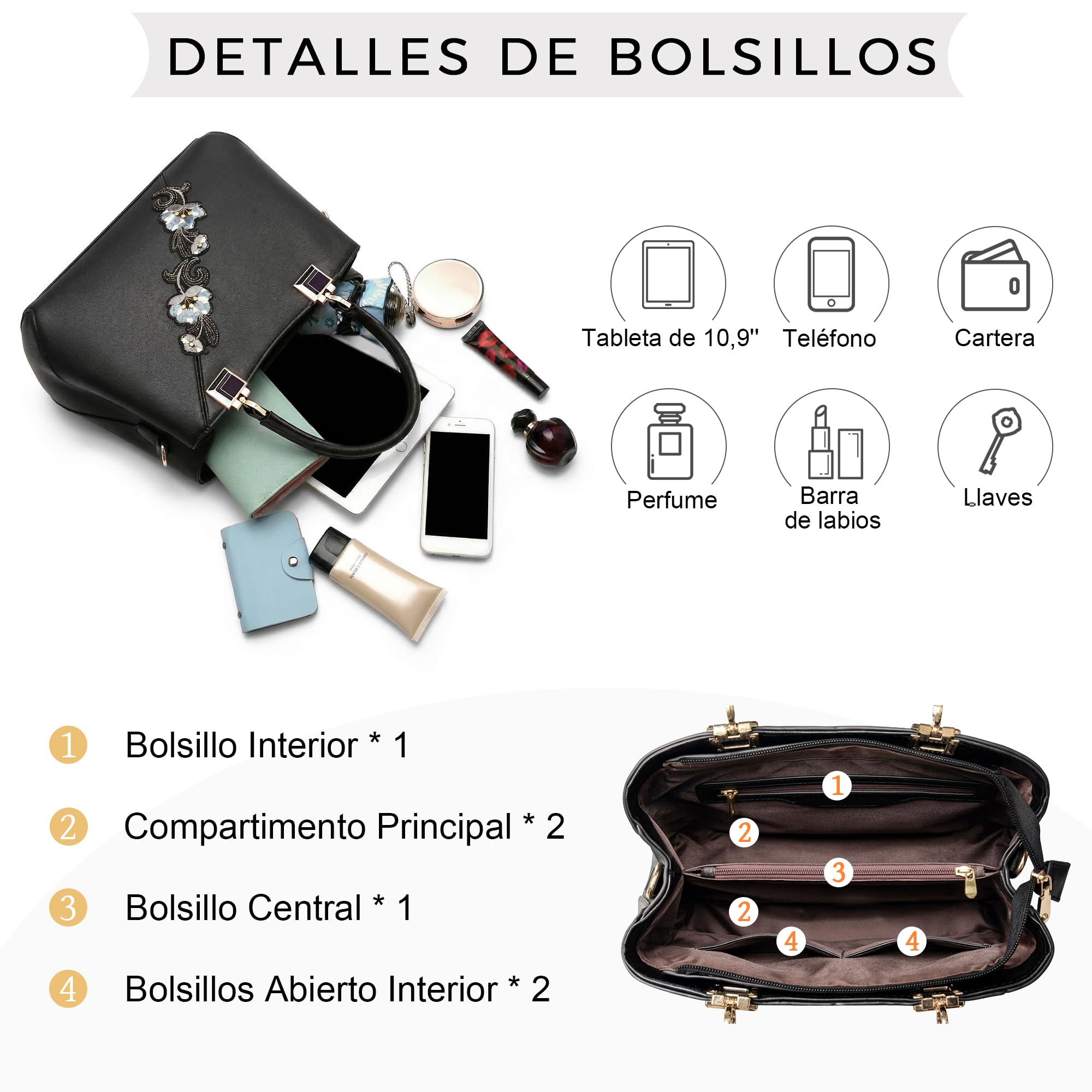 VARLIVOO Bolso Mujer Elegante Bolso de Mano con Bordado Floral PU Piel Bolsa Bandolera Marca para Trabajo Viajes Compras Fiesta Negro