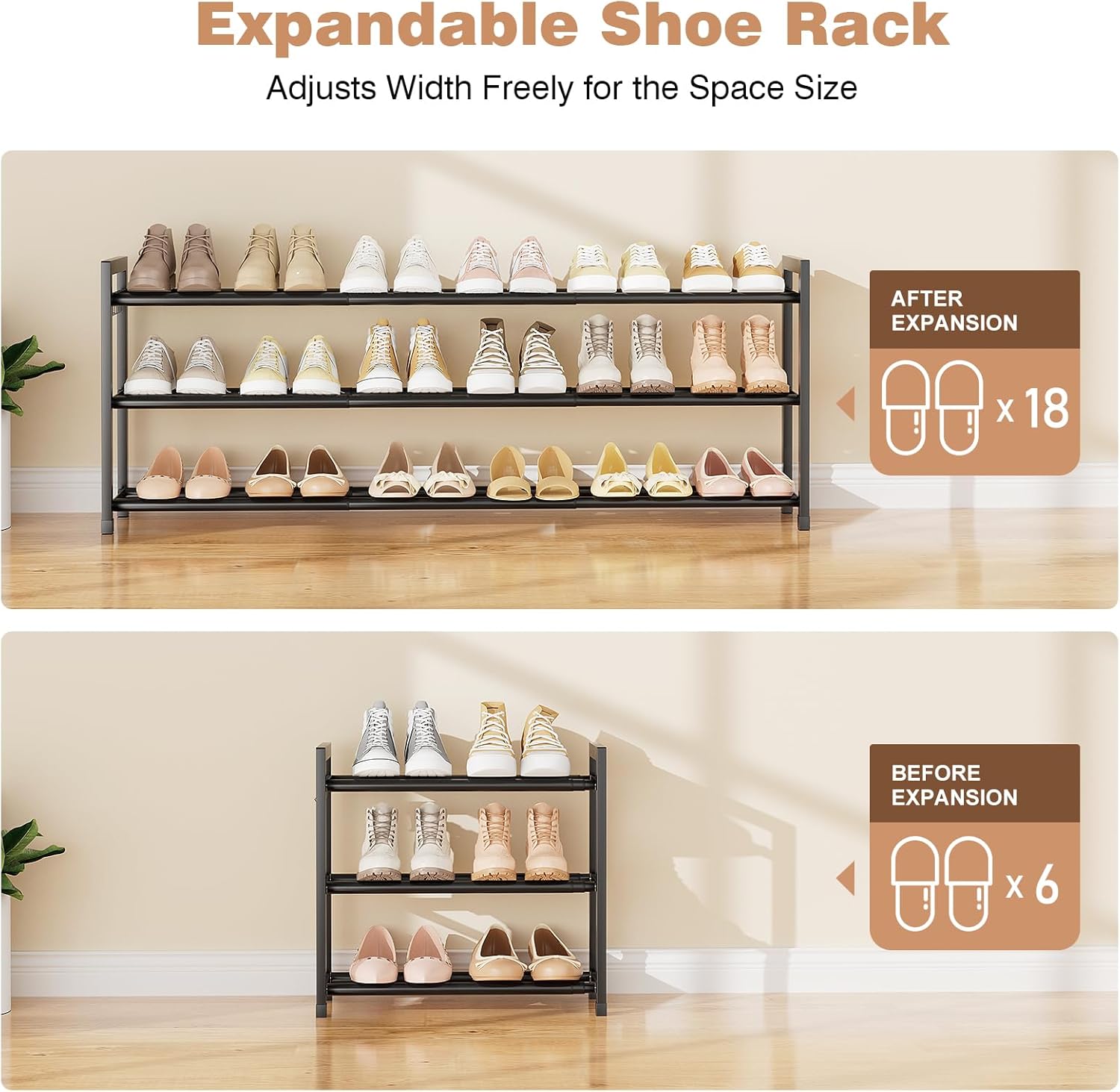 Expandable Shoe Rack - 18.5''- 47'' Adjustable Shoe Rack for Closet, 3 Tier Long Shoe Shelf Storage for 18 Pairs Shoe and Boot, Sturdy Metal Shoe Organizer for Entryway, Garage, Black