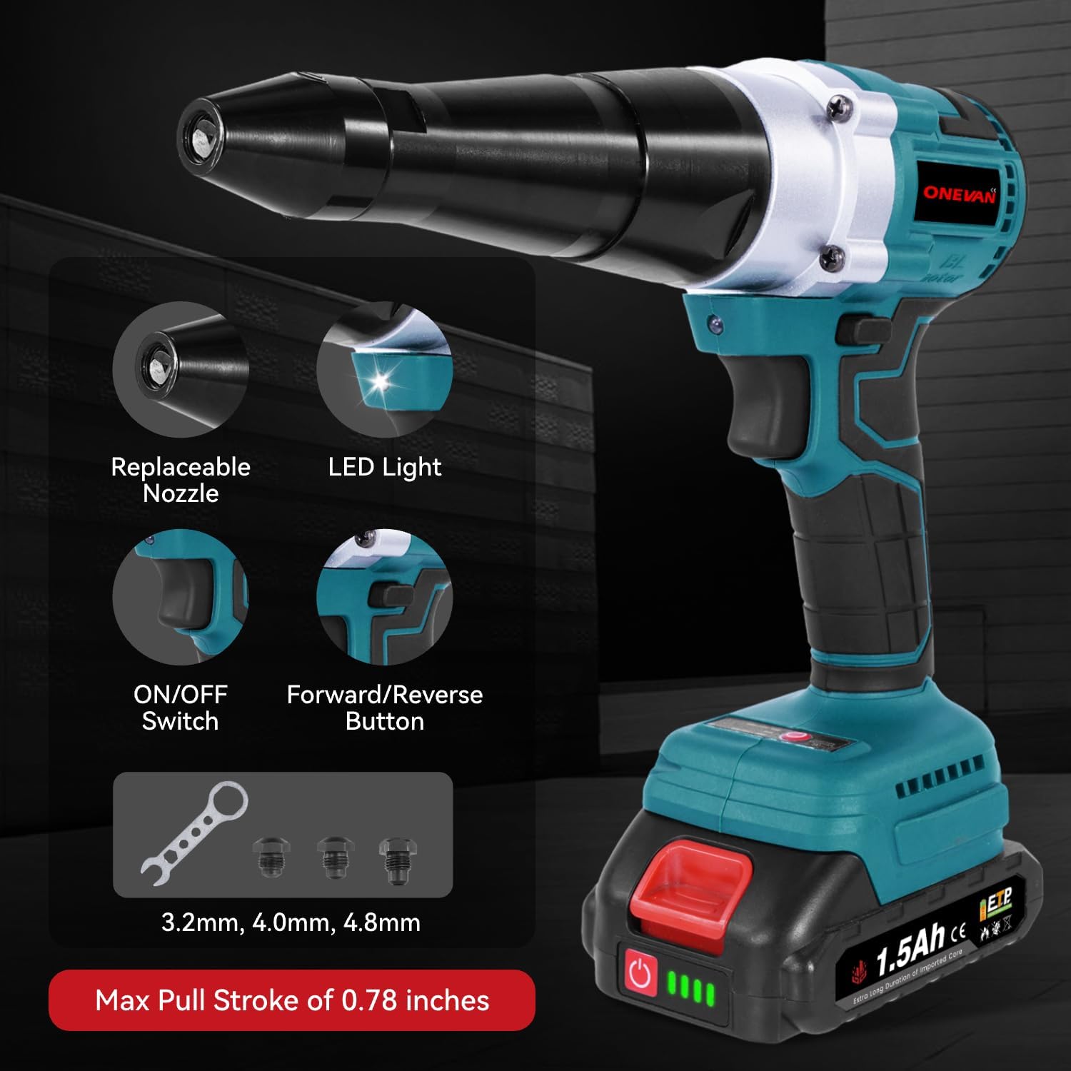The ONEVAN Cordless Rivet Gun with callouts for its features: replaceable nozzle, LED light, ON/OFF switch, forward/reverse button, and compatible nozzle sizes (3.2mm, 4.0mm, 4.8mm).