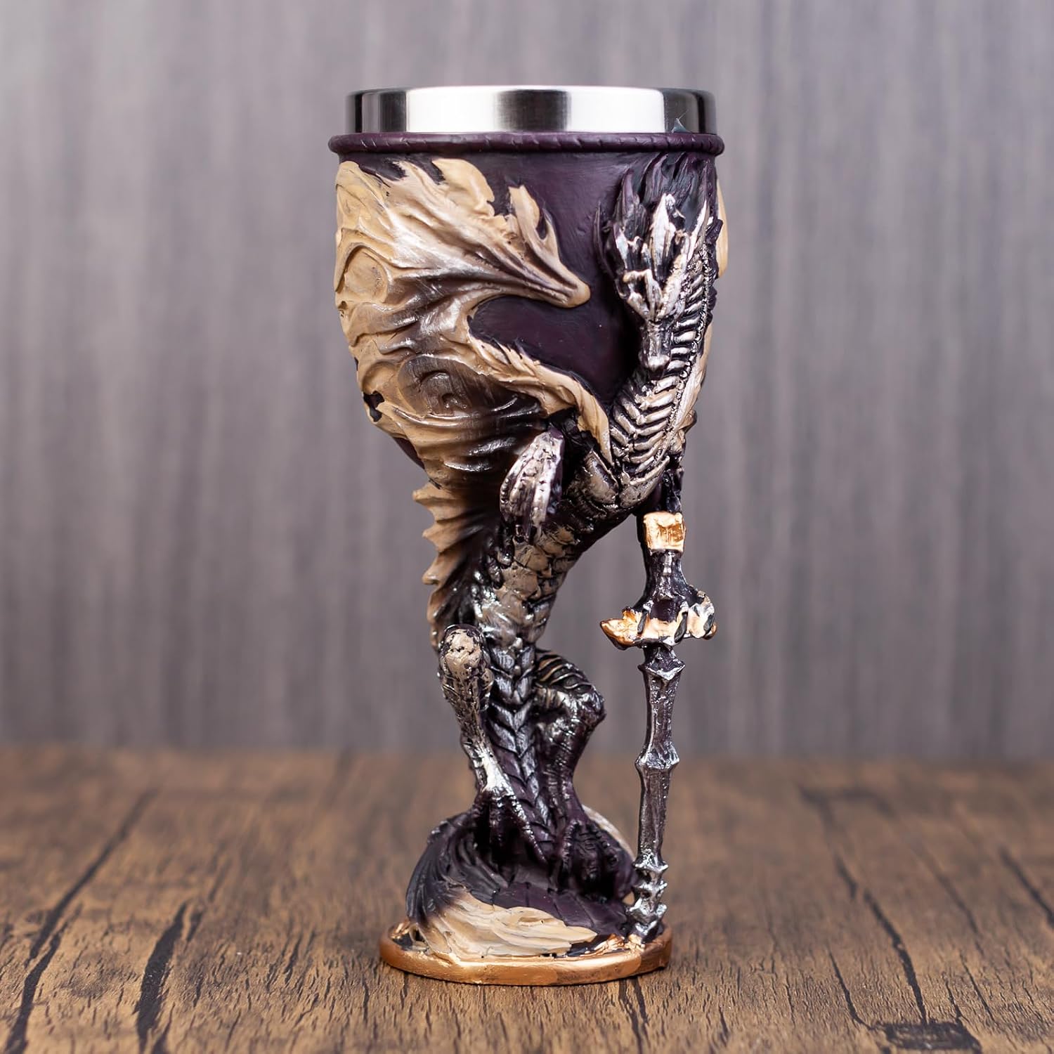 Medieval Flame Dragon Holding Sword Goblet Resin Wine Cup with Stainless Steel Lining Unique Hand-Painted Cup Father's Day Gift (BM030-6)