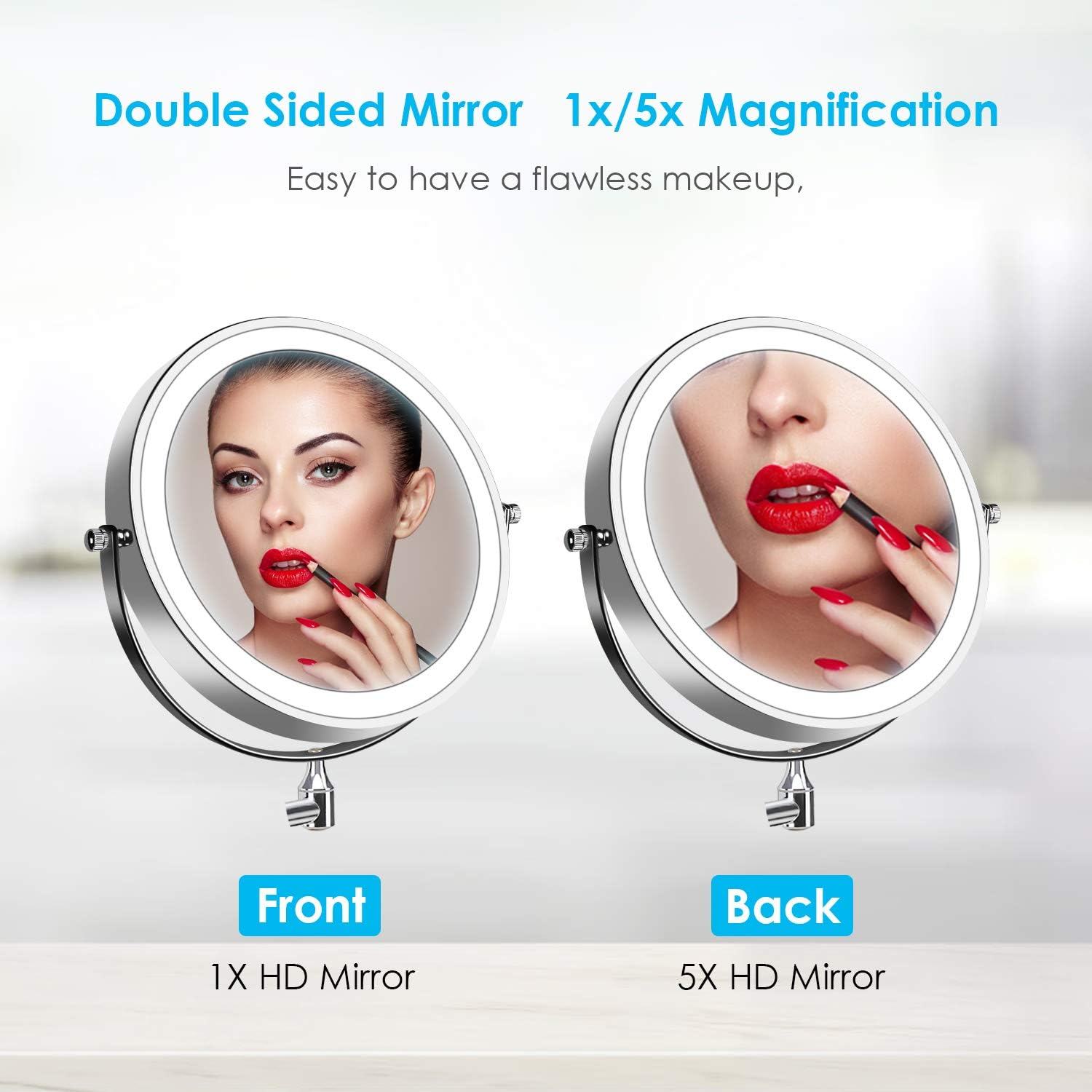 ALVOROG Wall Mounted Makeup Mirror Cosmetic Mirror LED Adjustable Light Double Sided 1X/5X Magnifying Vanity Mirror Swivel Extendable for Bathroom Hotel 8 inches