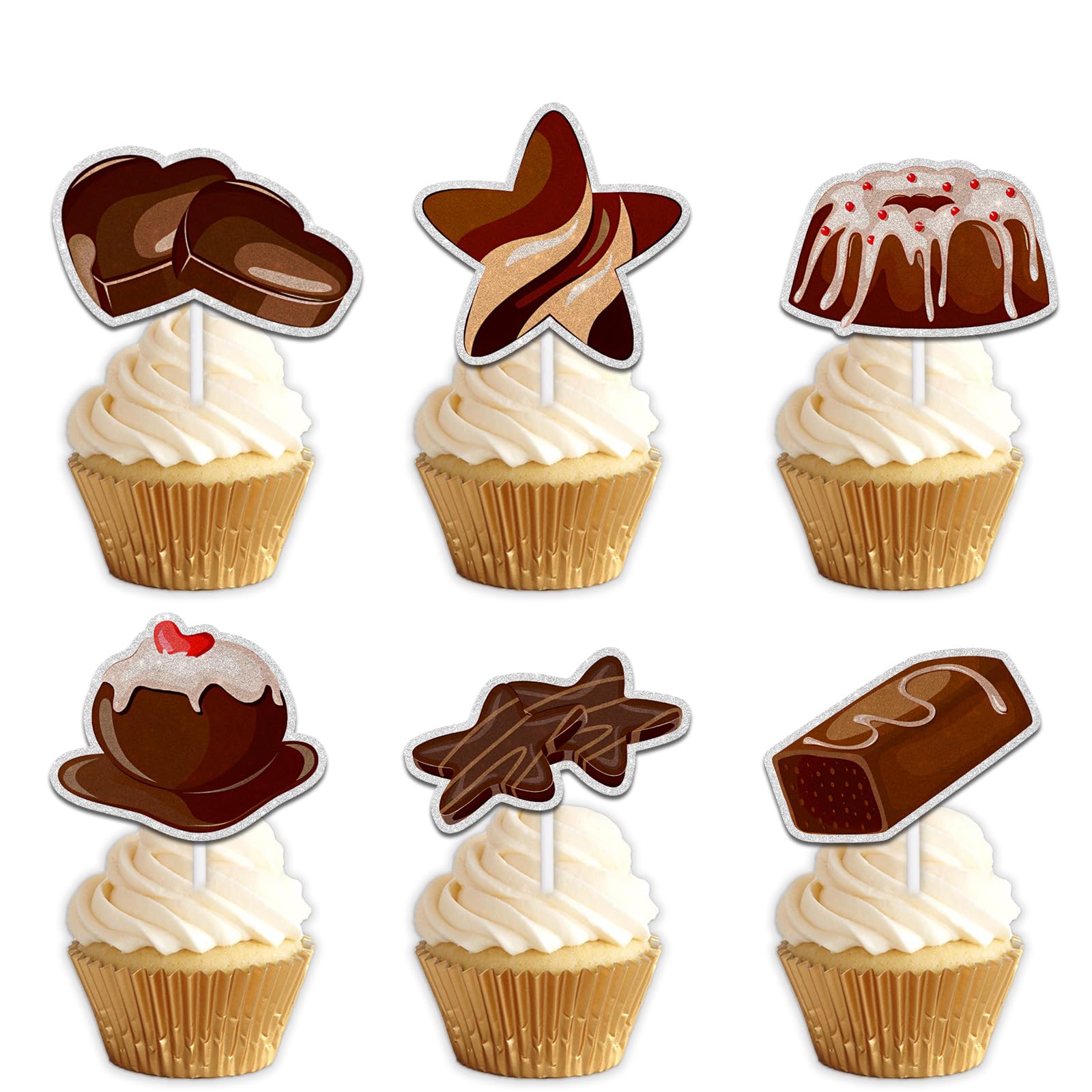 18pcs Brown Glitter Chocolate Dessert Cupcake Topper Sweet Chocolate Theme Decor Supplies Men Women Boys Girls Happy Birthday Valentine's Day Party