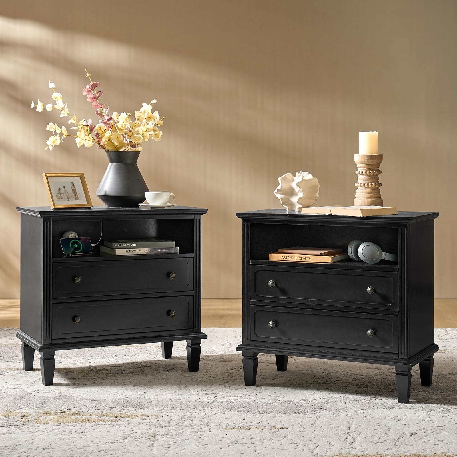 Farmhouse Nightstand Set of 2 with Charging Station - Black