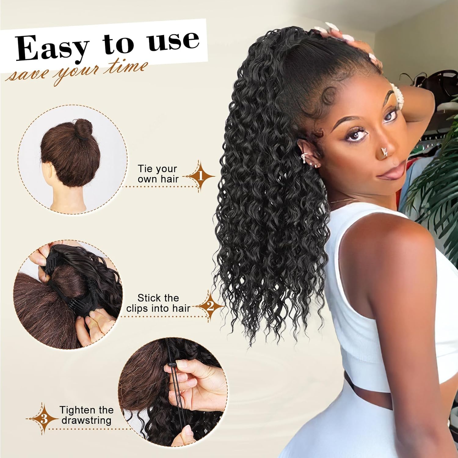 AISI BEAUTY Curly Drawstring Ponytail Hair Extension for Women,20 Inch Natural Synthetic Clip in Black Ponytail Extensions for Daily Party Use