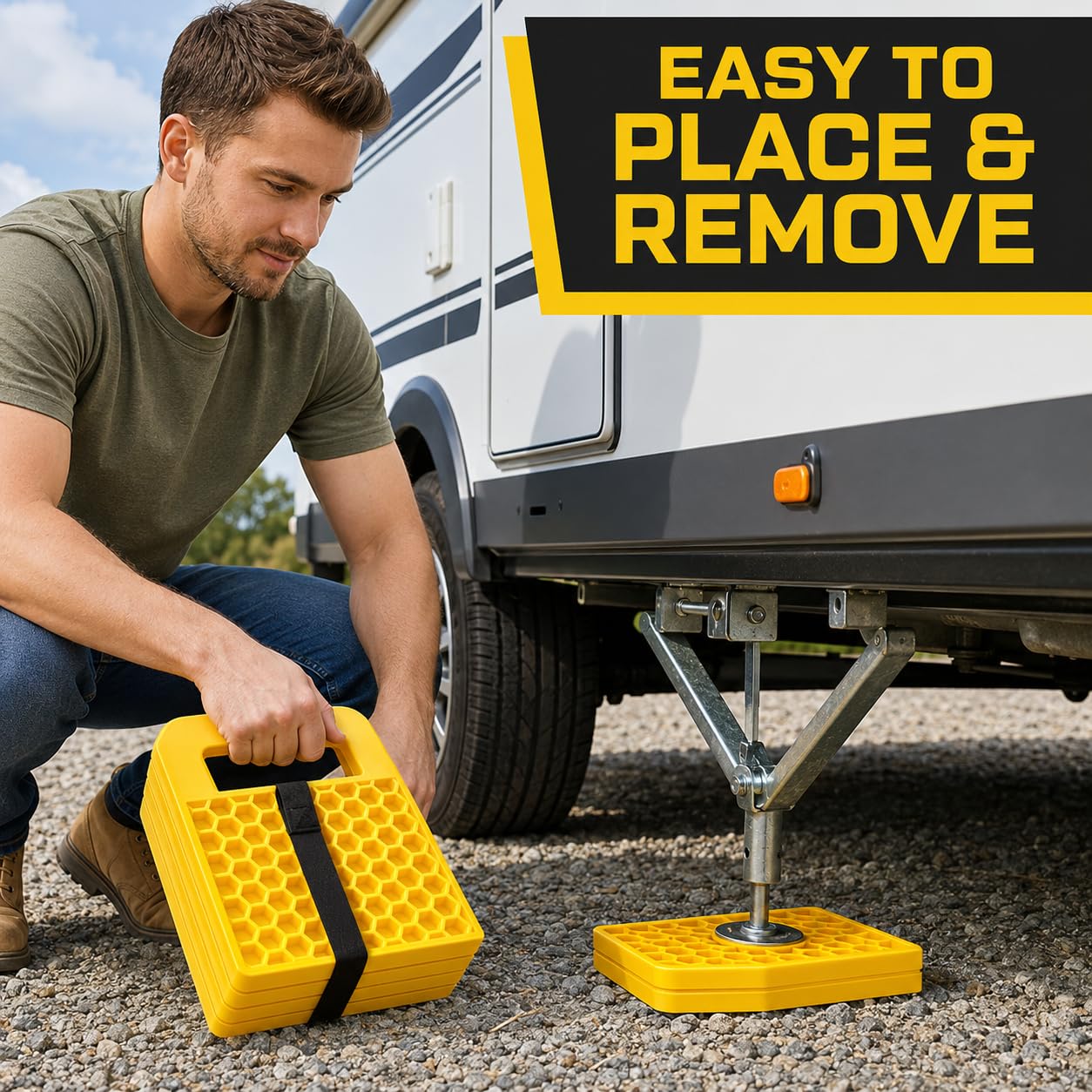 Tapis de cric de camping-car, bloc de nivellement avec structure renforcée, antidérapant, résistant aux intempéries pour empêcher les crics de l'évier pour caravane et camping-car (jaune)