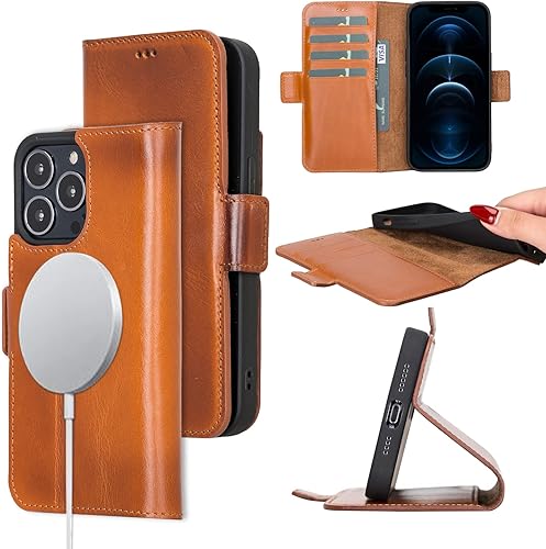 Bayelon Funda para iPhone 13 Pro Max, funda de cuero de grano completo, funda magnética con ranuras para tarjetas, soporte de soporte, funda para
