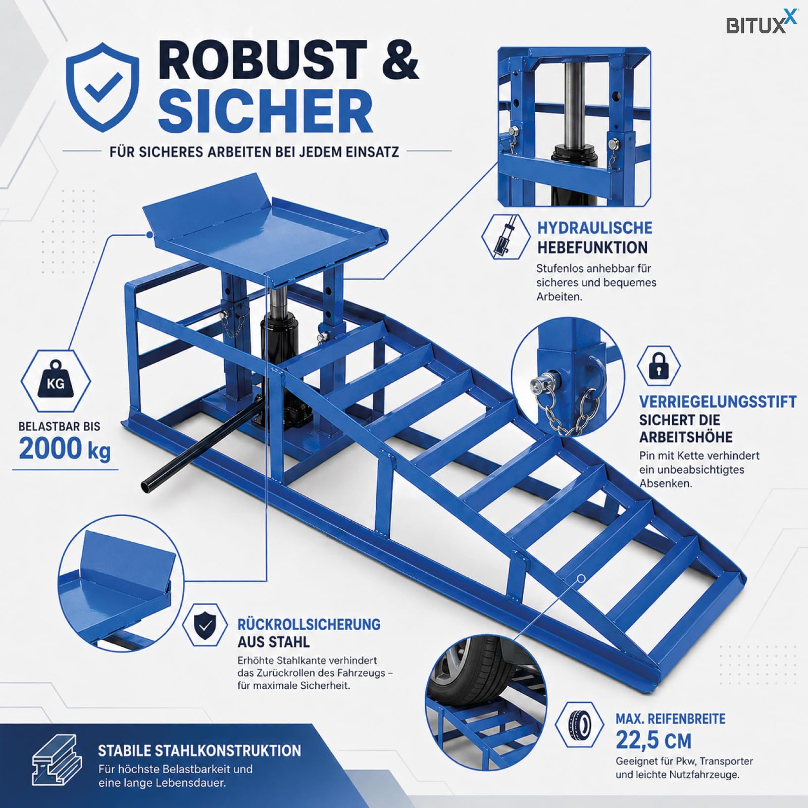 BITUXX 2 Stück Auto PKW KFZ Auffahrrampen Set mit Wagenheber hydraulisch Höhenverstellbar Wartungsrampe Hebebühne Rampe Auffahrrampe Auffahrbock