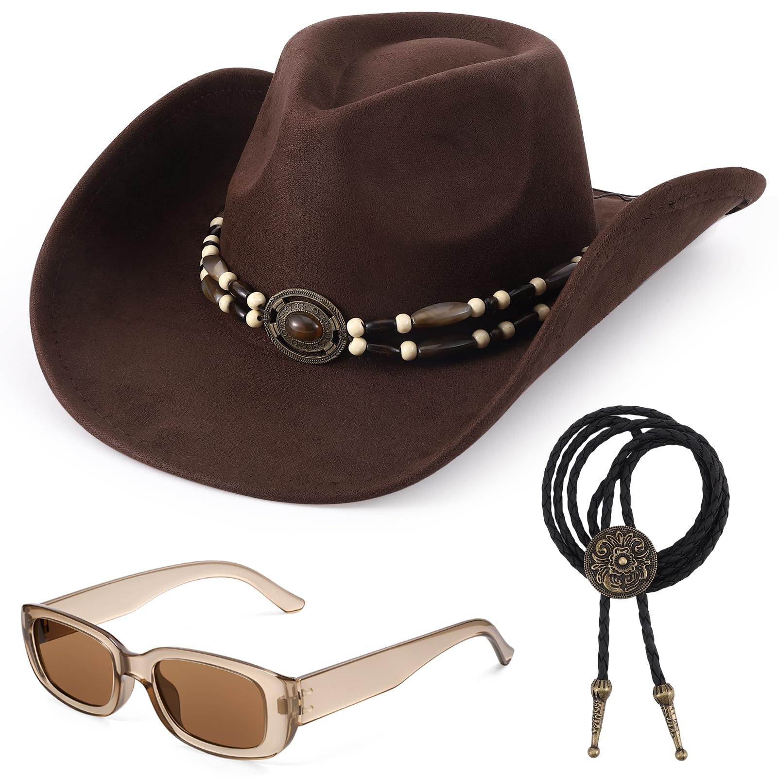 ViEinkaufen Cappello da cowboy per donne e uomini, cappello occidentale in pelle scamosciata, Fedora, cowboy e cowgirl, cappello Panama per feste, viaggi, spiaggia all'aperto