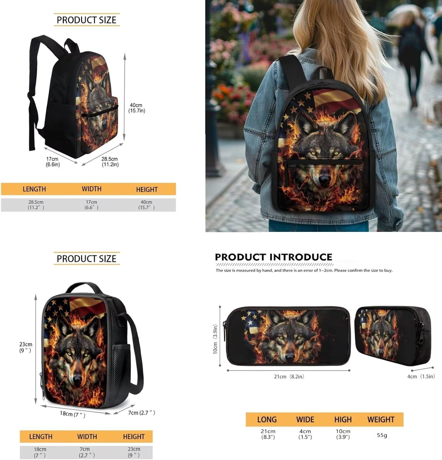 SEANATIVE Wolf America Flag Backpack Set 3PCS School Bag Daypack with Lunch Box and Pencil Pouch Set for Boys Kids 16 Inch School Bookbag