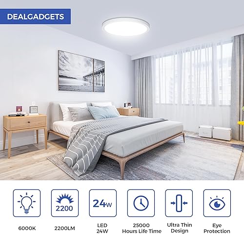 Miniatura 10 de Lámpara de techo de montaje empotrado, luz LED plana de 12 pulgadas para techo, 6500K 3200 lúmenes, lámpara redonda negra ultra fina para