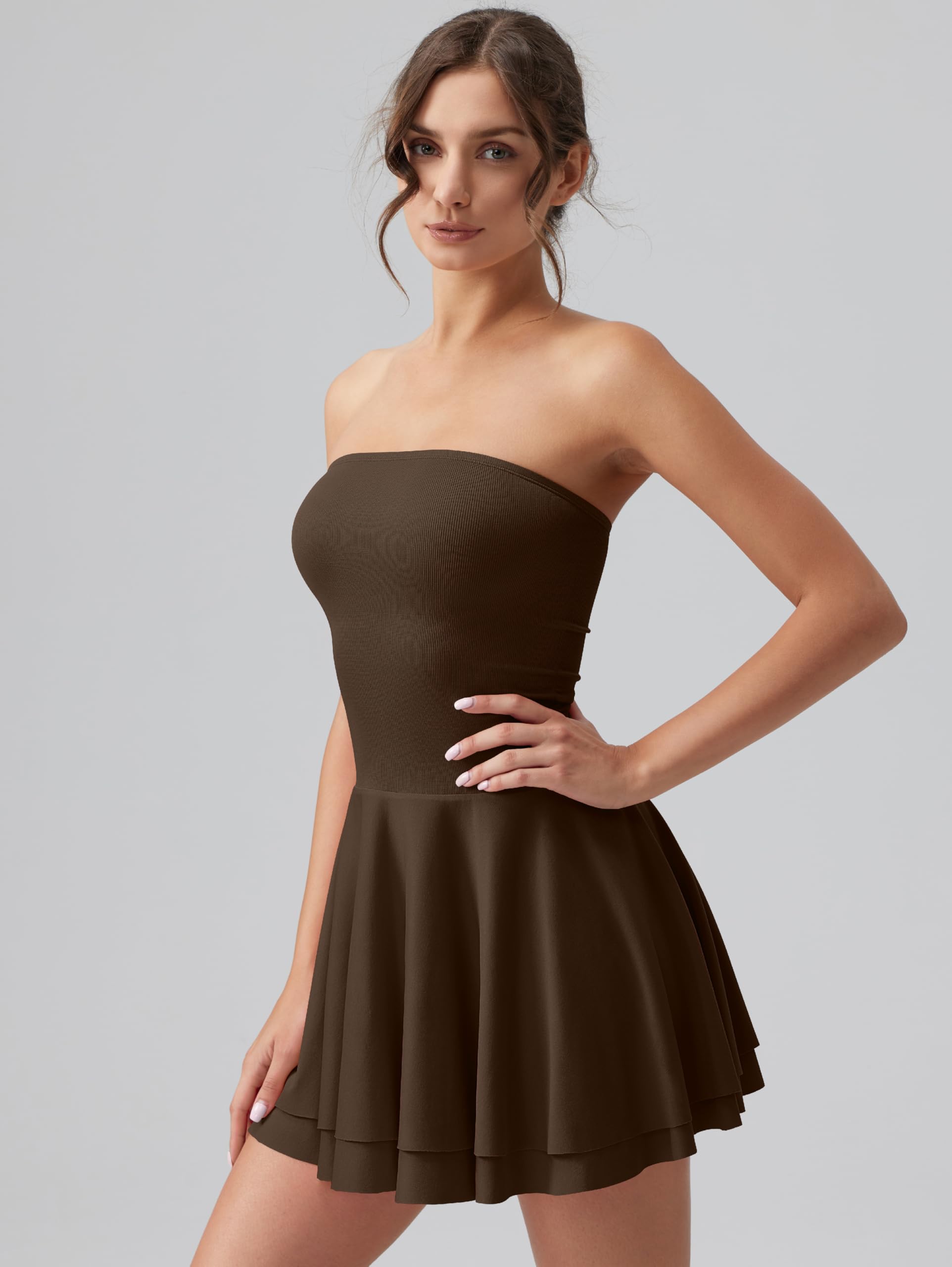 OQQ Women's Mini Dress Summer Cocktail Tube Ruched Waist Ruffle Corset Party A-line Dresses: Darkbrown Medium