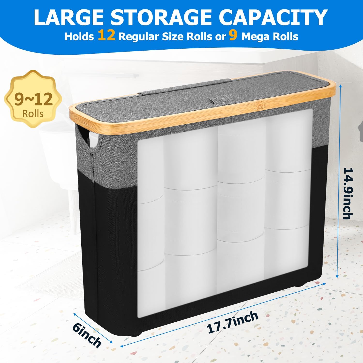 TACGEA Toilet Paper Storage Basket, Toilet Paper Container with Lid, Bathroom Organizer Hold up to 9 Mega Rolls or 12 Regular Rolls, Gray and Black