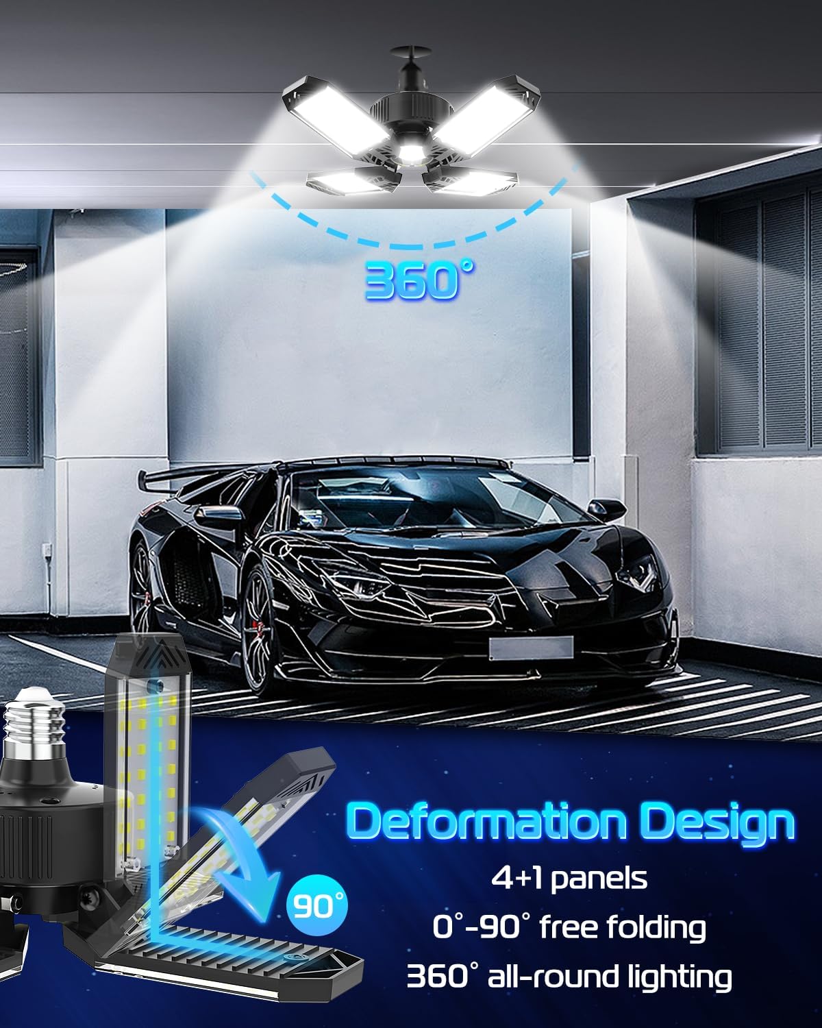 LED Garage Light - 4 Pack 130W 13000LM Deformable 4+1 Panel LED Garage Ceiling Lights with Transformer, E26/27 Base, 6500K Daylight White Shop Lights for Factory, Storage Room, Warehouse