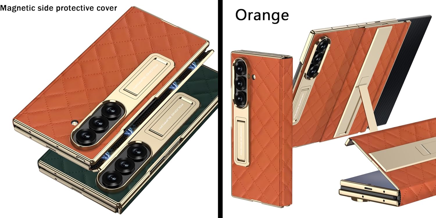 Leather Phone Case for Samsung Galaxy Z Trifold, Built-in Tempered Glass Screen Protector, Magnetic Flip Cover for Samsung Trifold. Orange