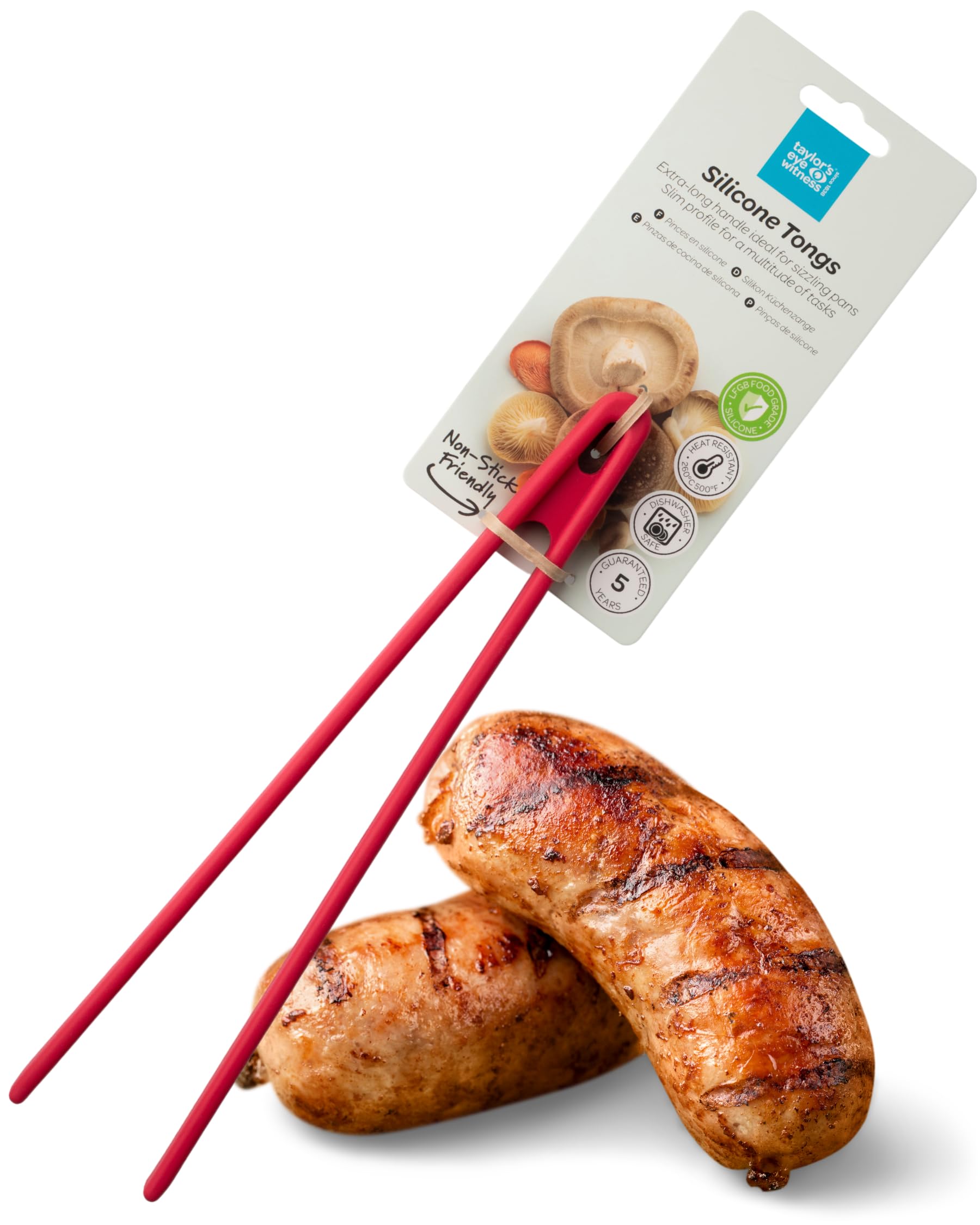 Taylors Eye Witness Large Red Silicone Gripping Tongs - Dishwasher Safe. Sturdy Build, Non-Scratch Grip Heads, Long Handle. Odour, Stain & Heat Resistant (260°C/500°F). 5 Year Guarantee