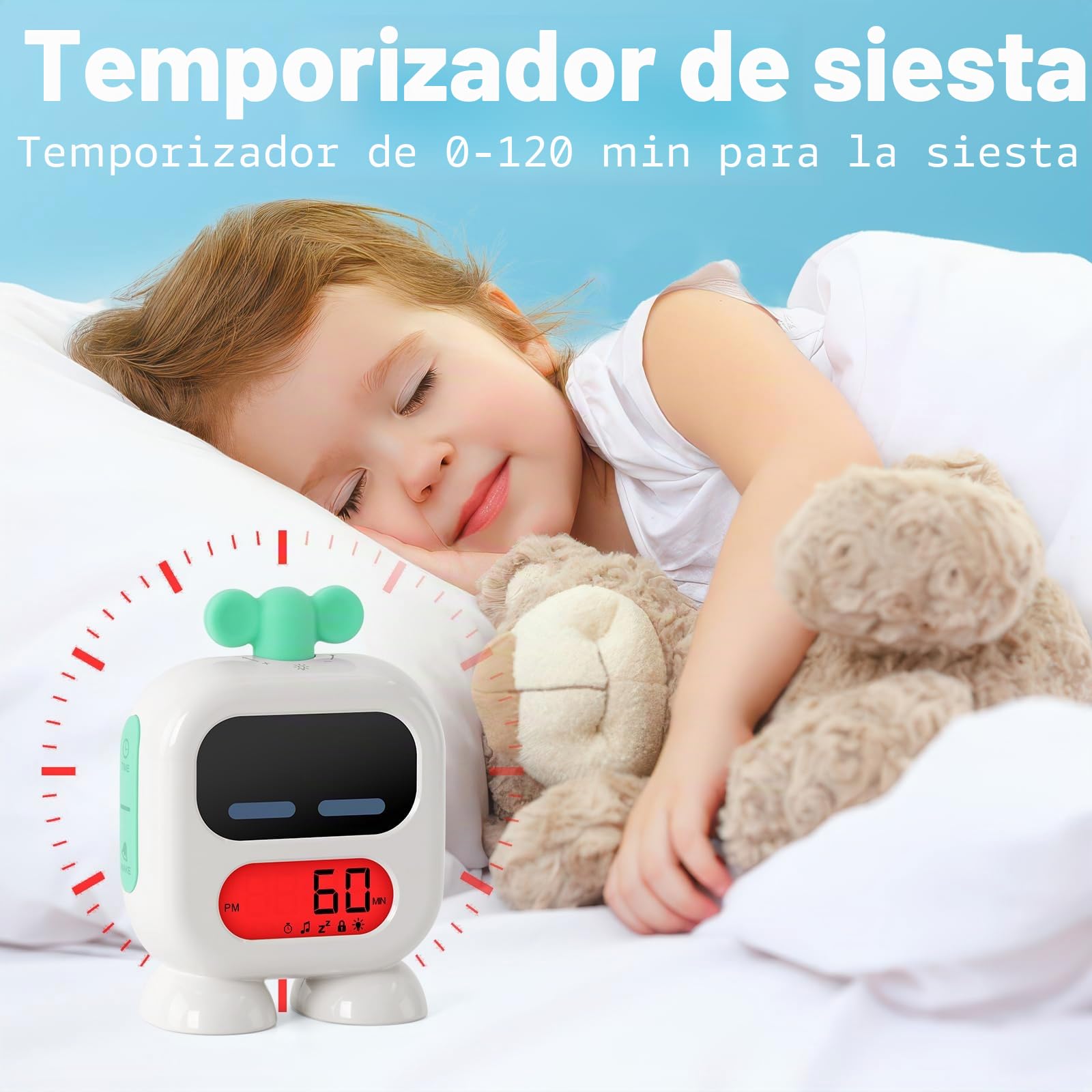 Reloj despertador para niños, reloj de crecimiento con luz roja verde, temporizador de siesta, entrenador de sueño para niños pequeños (azul)