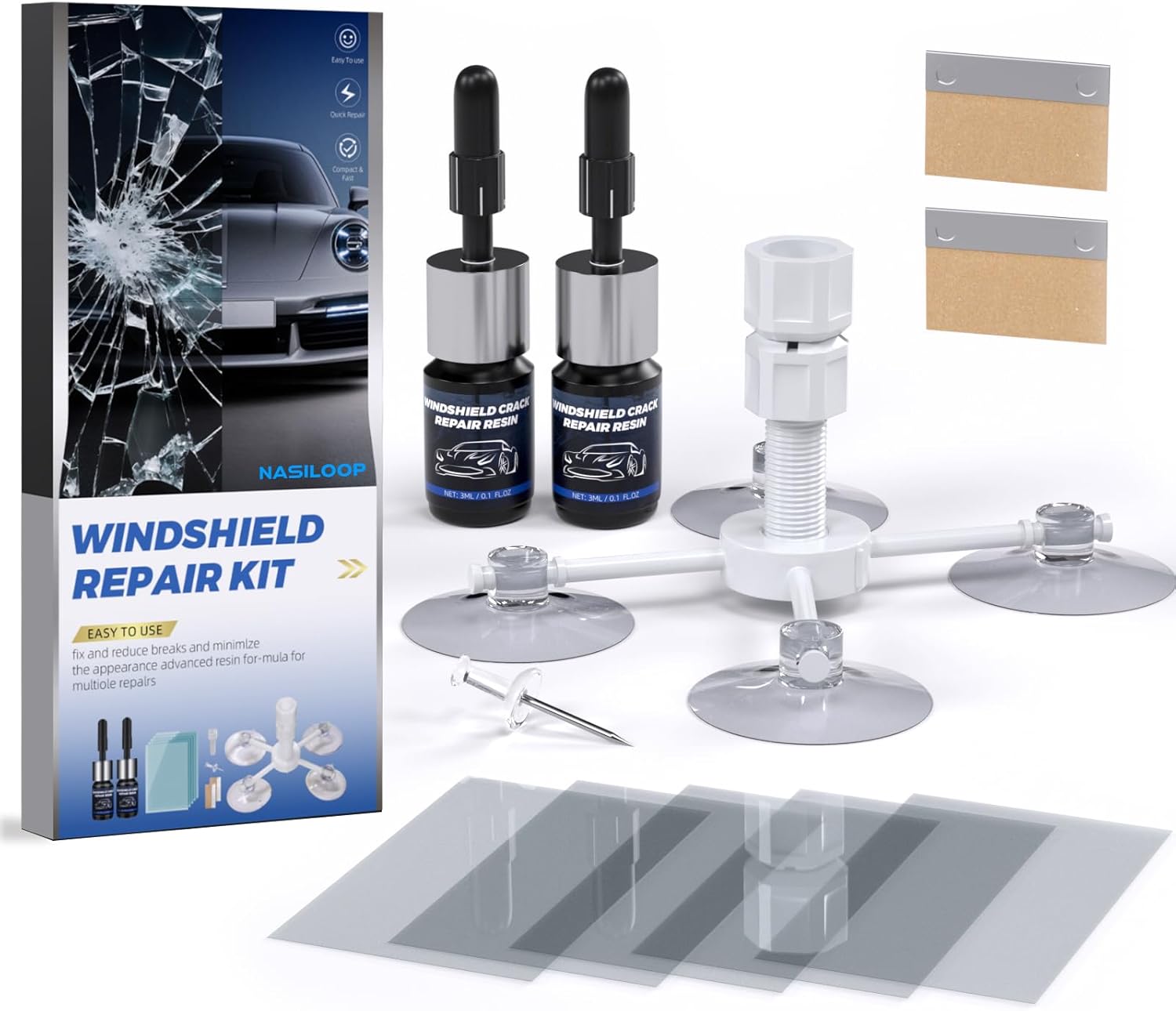 Windshield Repair kit, Quick and Efficiency Glass Repair Fluid, Car Windshield Crack Repair Resin Kit for Fixing Chips, Bulls-Eye, Cracks and Star-Shape Cack-2 Pack