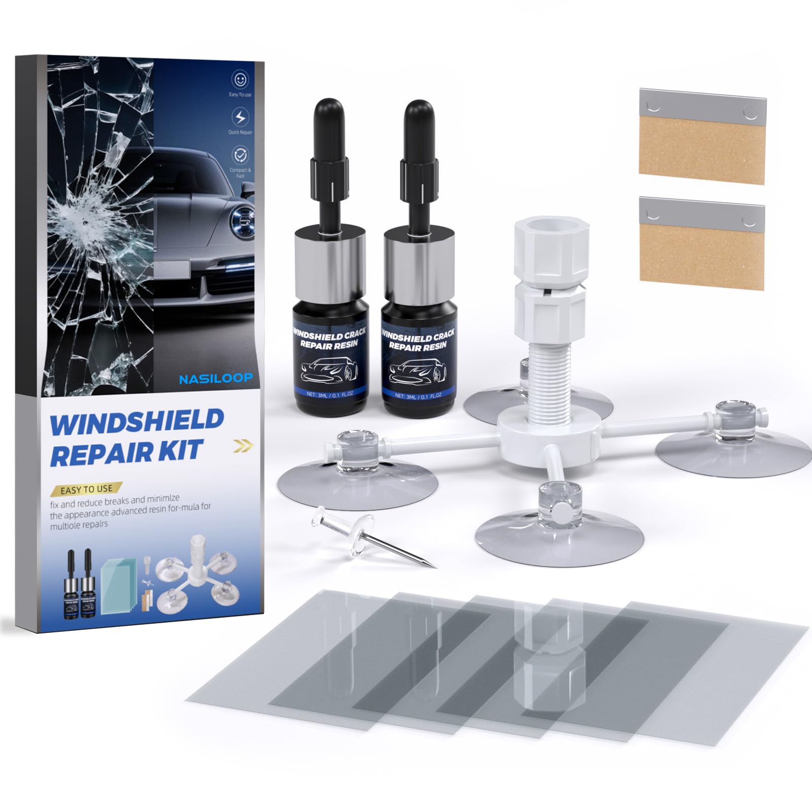 Windshield Repair kit, Quick and Efficiency Glass Repair Fluid, Car Windshield Crack Repair Resin Kit for Fixing Chips, Bulls-Eye, Cracks and Star-Shape Cack-2 Pack