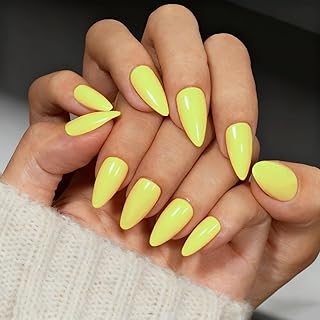 Yellow Press On Nails Almond - Acrylic Press On Nails Medium Stiletto, Opaque Solid Bright Yellow Fake Nails with Glue, Fit Perfectly, Reusable Soft Gel Stick on Nails for Women, 24 Pcs