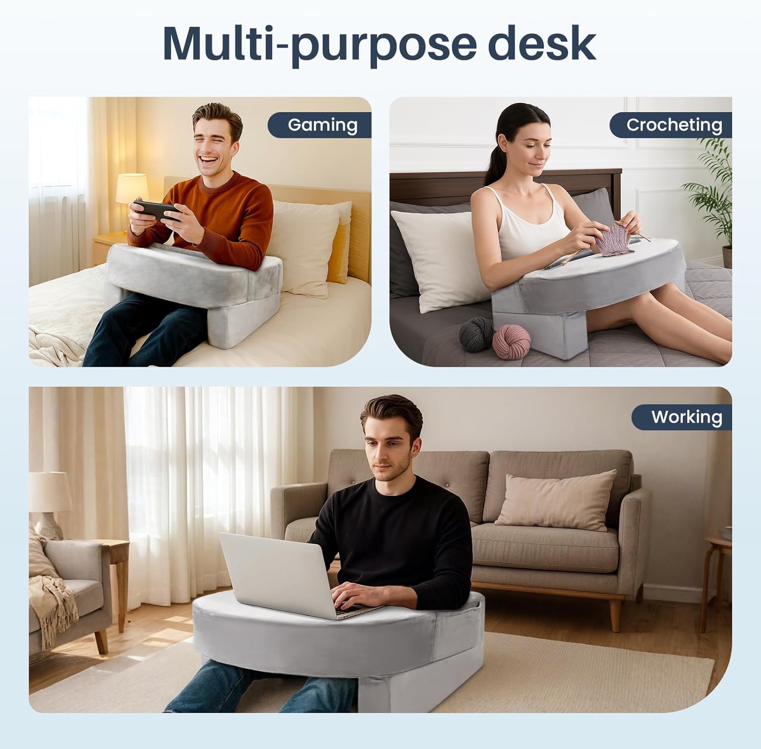 Weighted Idea Lap Desk Pillow with Arm Rest – Extra Large Memory Foam Support for Reading, Gaming, Working & Sitting in Bed, Couch or Floor – Laptop Cushion with Removable Washable Cover