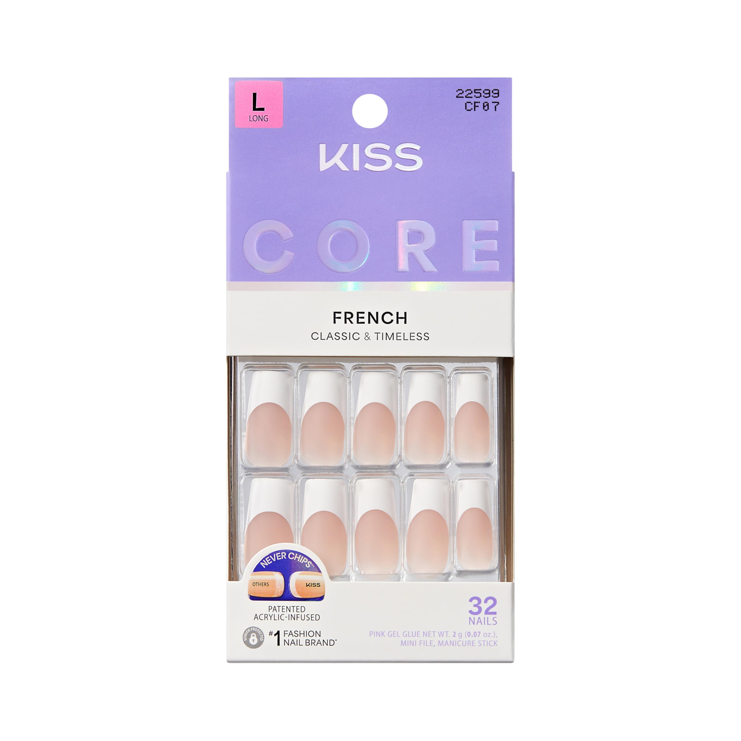 KISS CORE, Press On Nails, Nail glue included, 'Every Minute', White, Long Size, Square Shape, Includes 32 Nails, 2g Glue, 1 Manicure Stick, 1 Mini