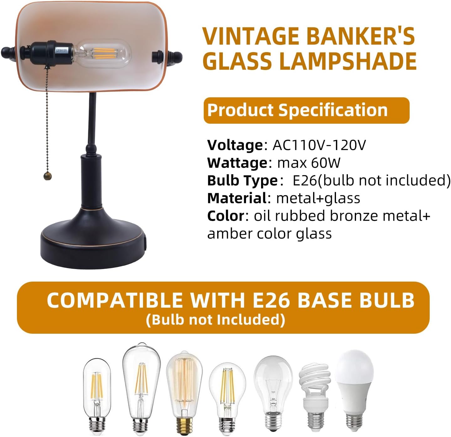 Vintage Bankers Desk Lamp with Pull Chain Switch, Traditional Desk Lamp with USB A and Type C Charging Port, Oil Rubbed Bronze Table Lamp with Amber Glass Shade for Office, Library, Study Room