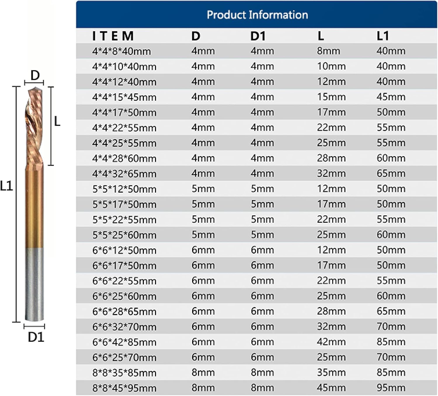 Drill Bit Down Cut Mill TiCN Coated CNC Router Bit Single Flute End Mill Carbide Milling Cutter,8x8x25x70