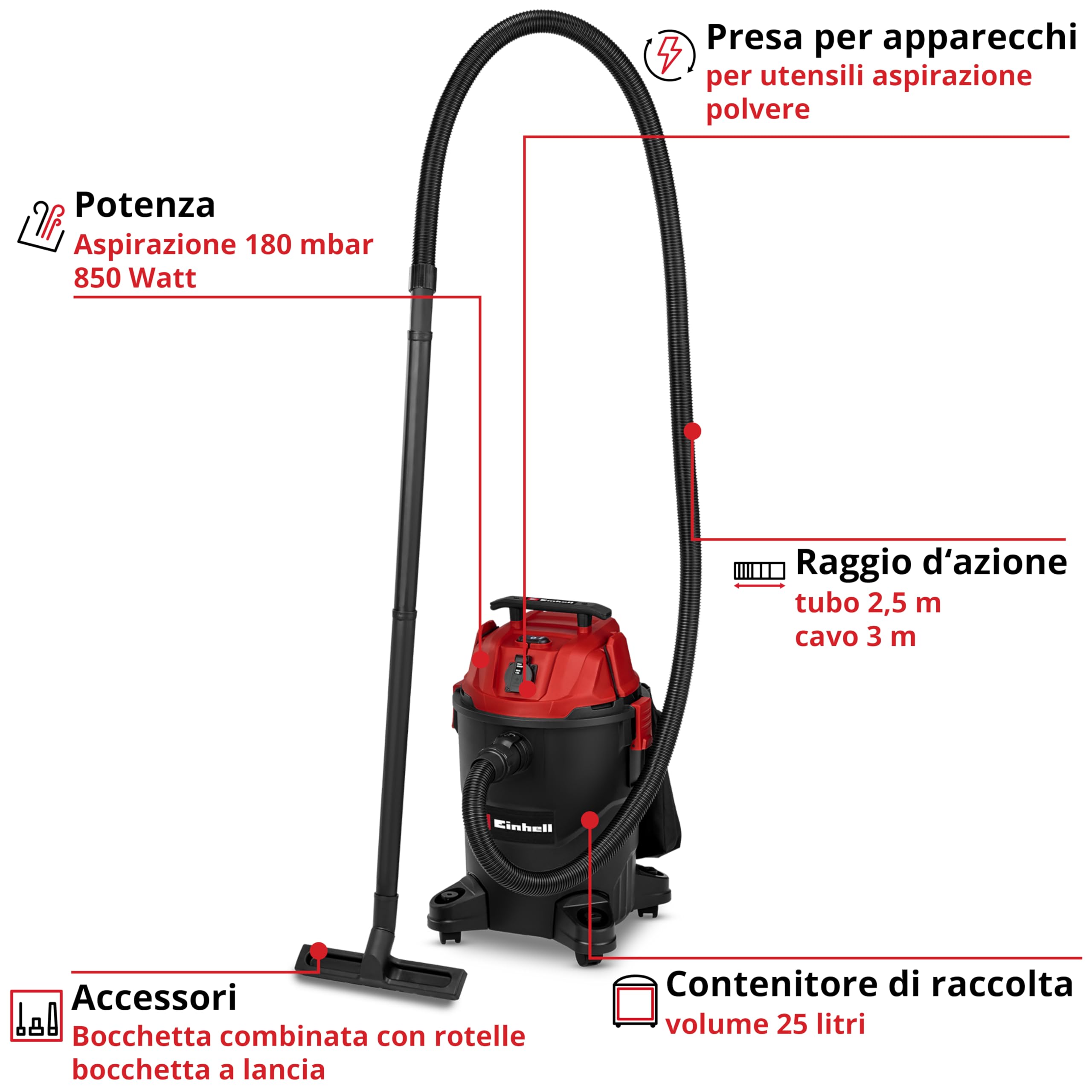 Einhell Aspiratore a secco e umido TC-VC 2555 A (850 Watt, aspirazione 180 mbar, presa automatica, serbatoio di raccolta da 25 litri, maniglia di trasporto, bocchette, filtri e sacco raccogli-sporco)