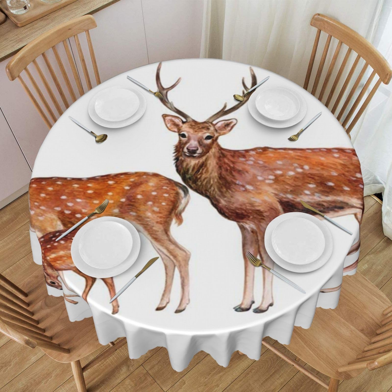 DCEHGEW 60 In Round Tablecloth with Lace, Spotted Deer Printed Oilproof & Washable Fabric Picnic Table Cloth Table Covers