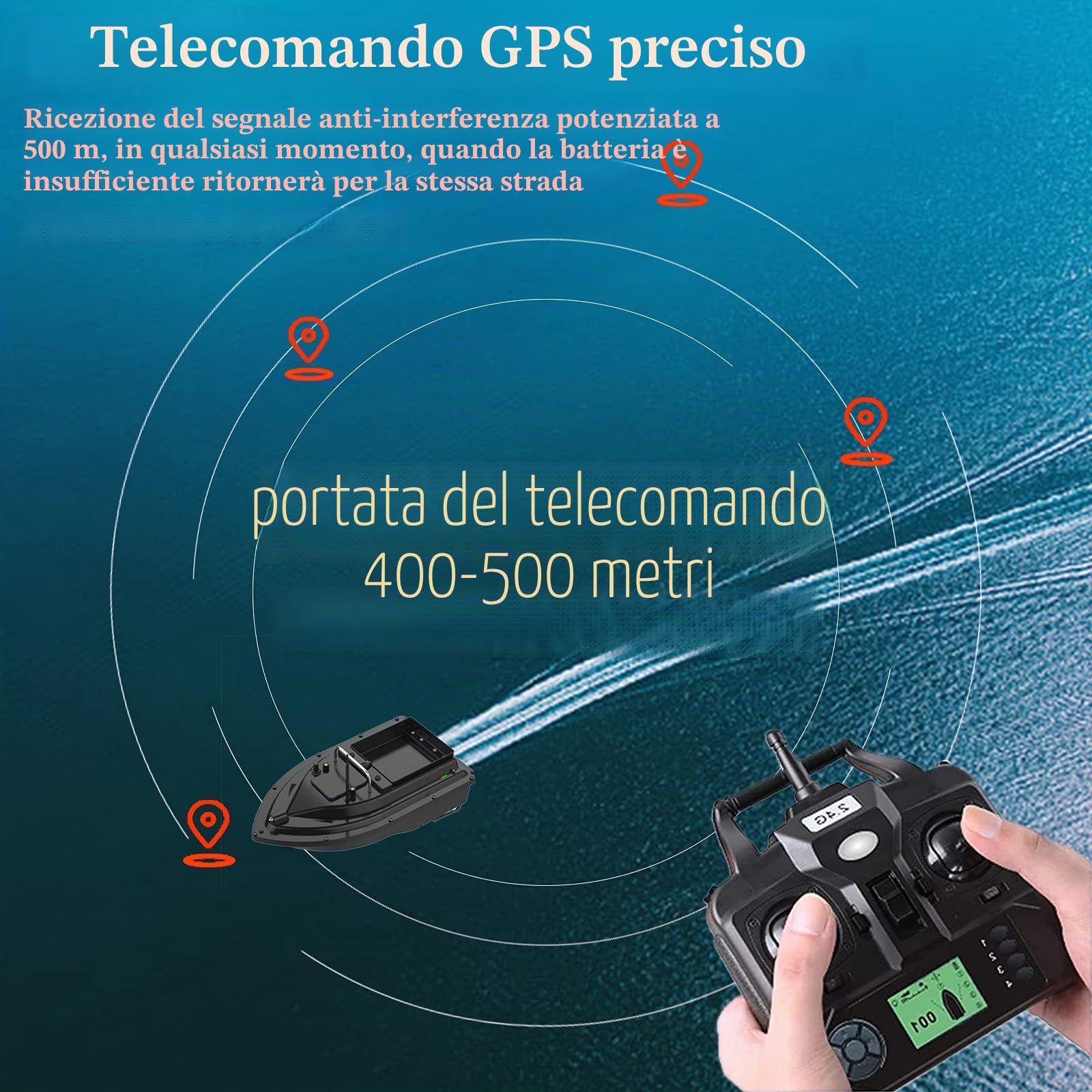 Barca Esca Telecomandata da Pesca, Barchino Carpfishing con GPS e Luce Notturna a LED, RC Barca Dell'esca-500m Posizionamento GPS, Scelta Migliore per la Pesca Notturna e Nuvolosa