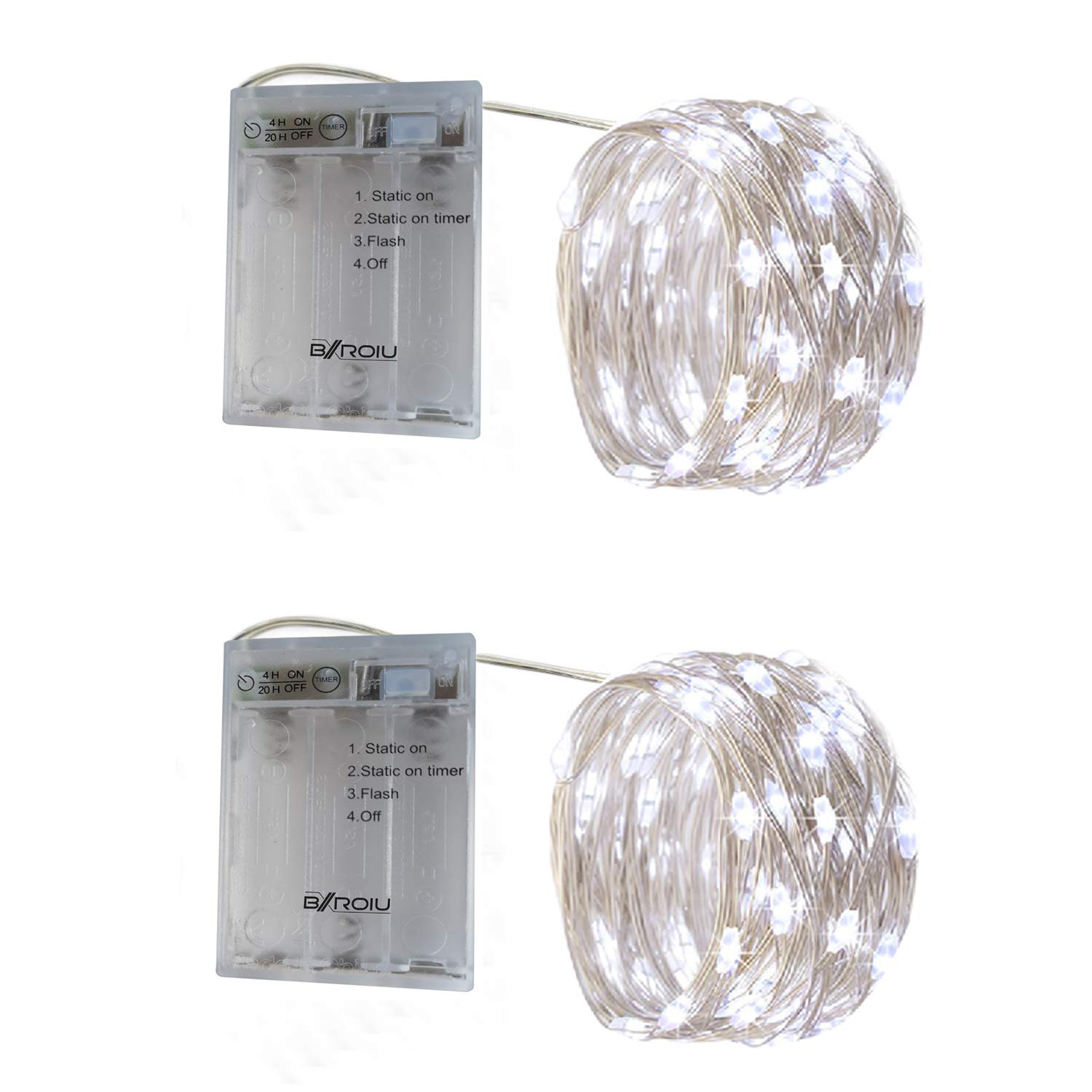 BXROIU 2 x 50er Micro LED Lichterkette Batterie betrieb 3 Programm mit Timer Auf Silberdraht für Party, Weihnachten, Halloween, Hochzeit Deko (Kaltes Weiß, 5 metre 2 Stück)